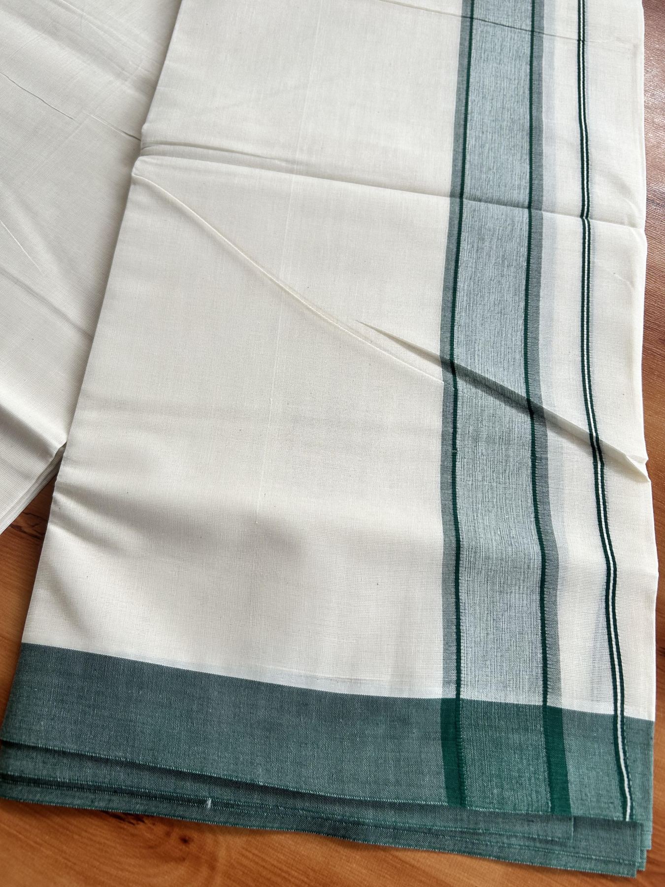 Double Off White Mundu/Dhoti- 20% Discount! KaithariKada Pure Cotton - 60s - 1.75 inch Green Shaded Kara 4 mtr (8.5 muzham) - 98 KK5460 PMC