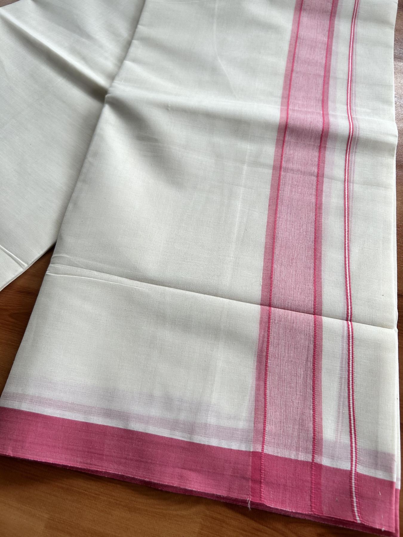 Double Off White Mundu/Dhoti- 20% Discount! KaithariKada Pure Cotton - 60s - 1.75 inch Pink Shaded Kara 4 mtr (8.5 muzham) - 97 KK5460 PMC