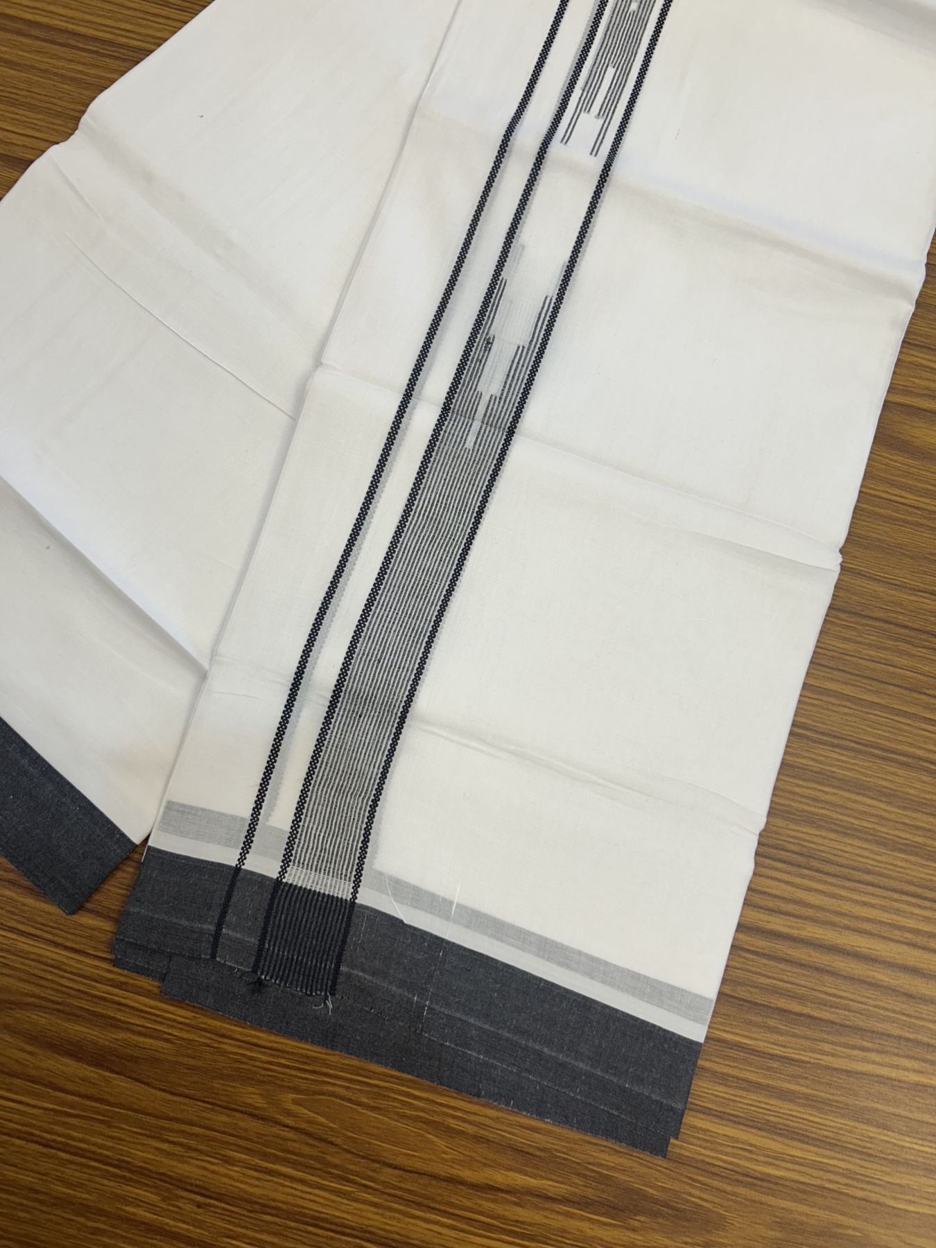 20% Discount ! Kaitharikada Balaramapuram 100% Cotton Pure White Double Mundu/Dothi - 100x80 - 1.5 inch Ash Black Stripes Design Chutty Kara 3.80 mtr (8 muzham) - 23 KK5319 THI