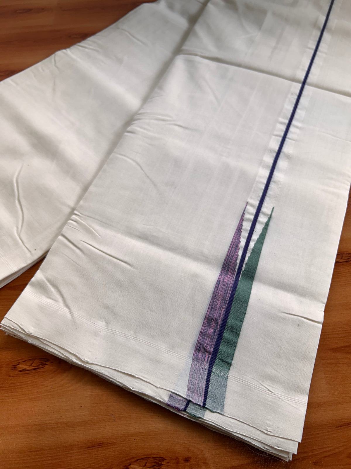 Off White - (Unbleached) Double Mundu/Dhoti - 25% Discount!! Unakkupaav Kerala Handloom 100% Pure Cotton - 100X80 - 1 inch Puliyilakkara Green , Pink & Violet chutty 3.80 mtr & 4 mtr - 17 KK5538 REA
