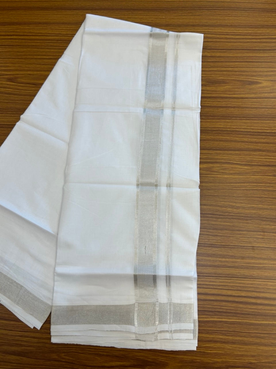 20% Discount! KaithariKada Balaramapuram 100% Cotton Double Pure White Mundu/Dhoti - 100x80 - 1.5 inch Silver Kasavu shaded Kara - 3.90 Mtr (8 Muzham) - 1 KK5282 PMC