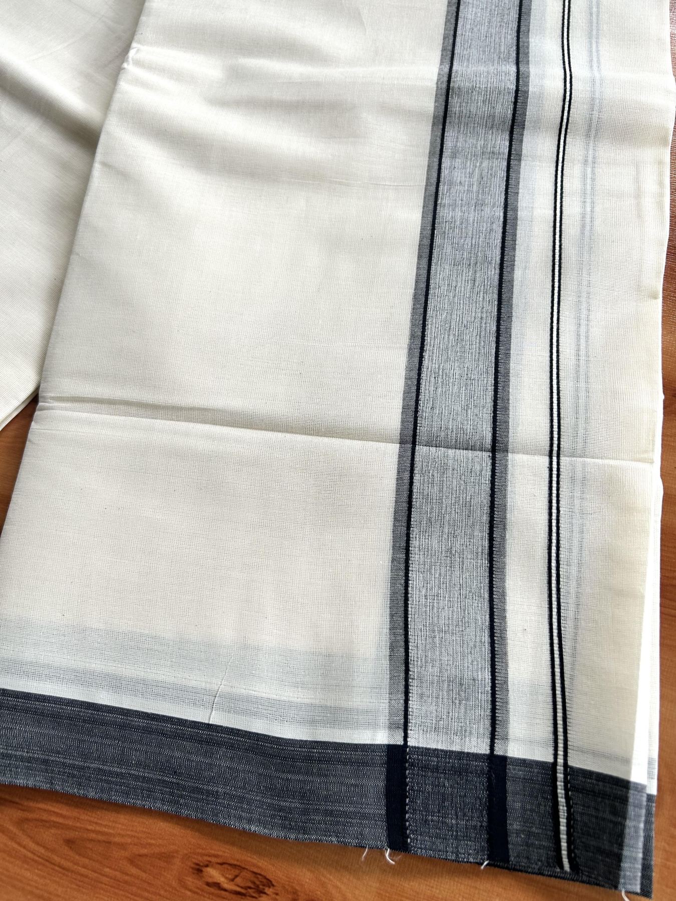 Double Off White Mundu/Dhoti- 20% Discount! KaithariKada Pure Cotton - 60s - 1.75 inch Black Shaded Kara 4 mtr (8.5 muzham) - 96 KK5460 PMC