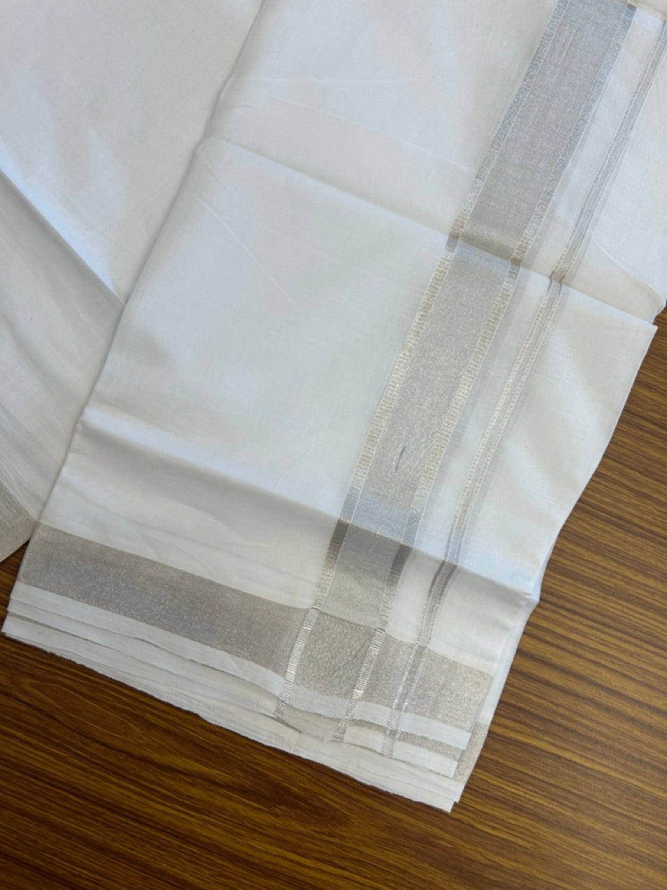 20% Discount! KaithariKada Balaramapuram 100% Cotton Double Pure White Mundu/Dhoti - 100x80 - 1.5 inch Silver Kasavu shaded Kara - 3.90 Mtr (8 Muzham) - 1 KK5282 PMC