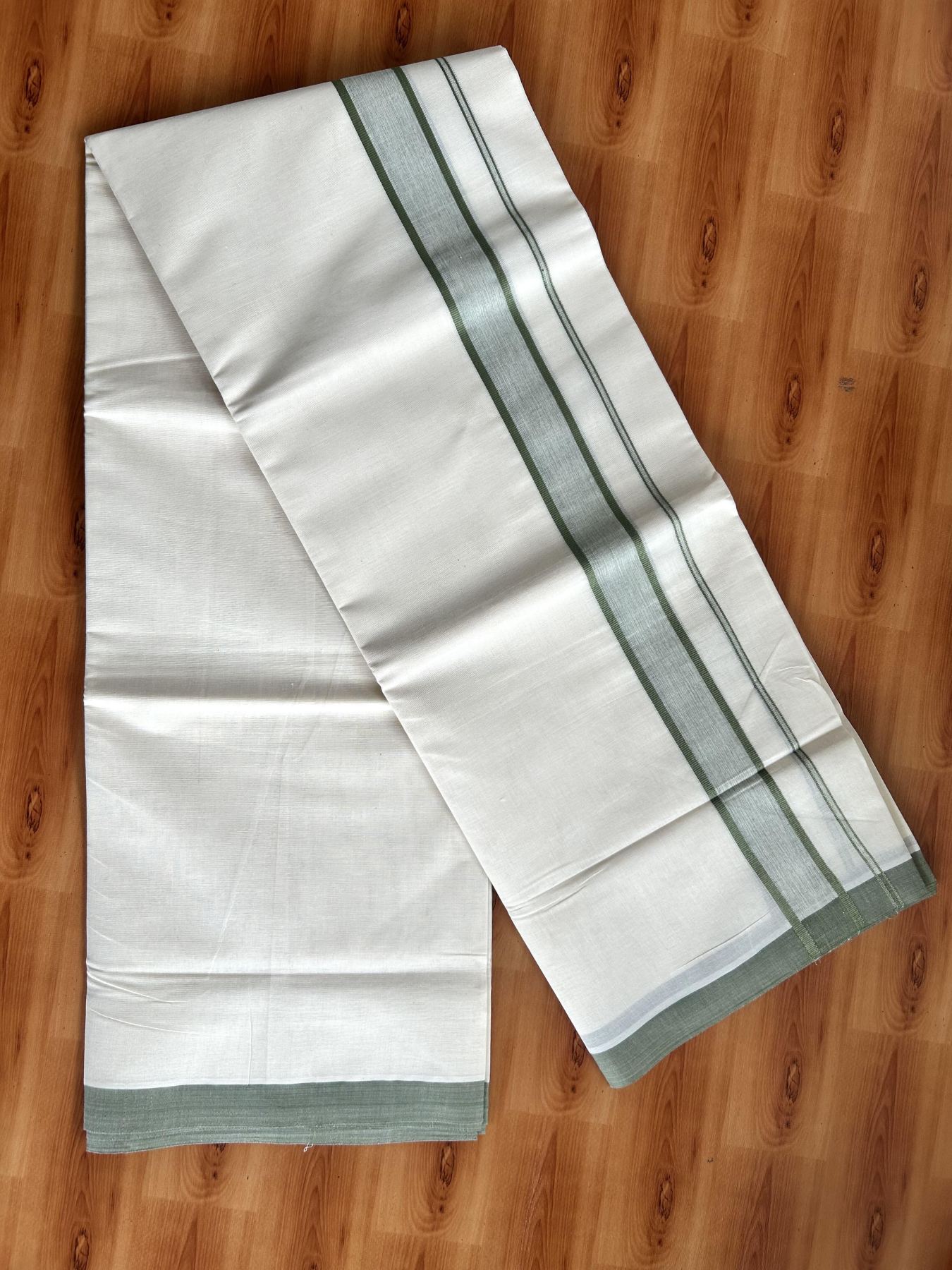 Double Off White Mundu/Dhoti- 20% Discount! KaithariKada Pure Cotton - 60s - 1.75 inch Sage Green Shaded Kara 4 mtr (8.5 muzham) - 94 KK5460 PMC
