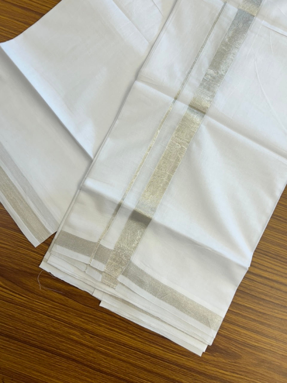 20% Discount! KaithariKada Balaramapuram 100% Cotton Double Pure White Mundu/Dhoti - 100x80 - 1 inch Silver Kasavu Kara - 3.90 Mtr (8 Muzham) - 2 KK5282 PMC