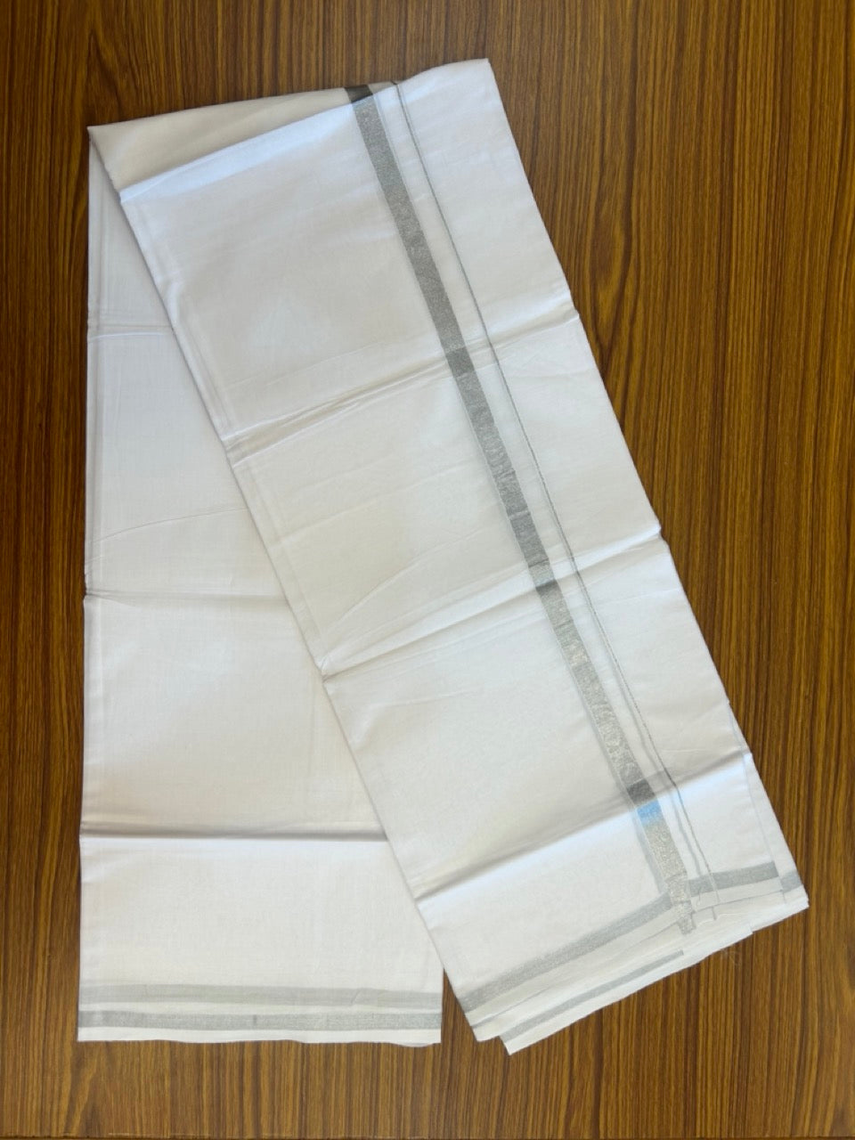 6% Discount!! KaithariKada Balaramapuram 100% Cotton Single Pure White Mundu/Dhoti - 100X80 - 0.5 inch Silver Kasav kara 1.90 mtr (4 muzham) - 36 KK5282 PMC