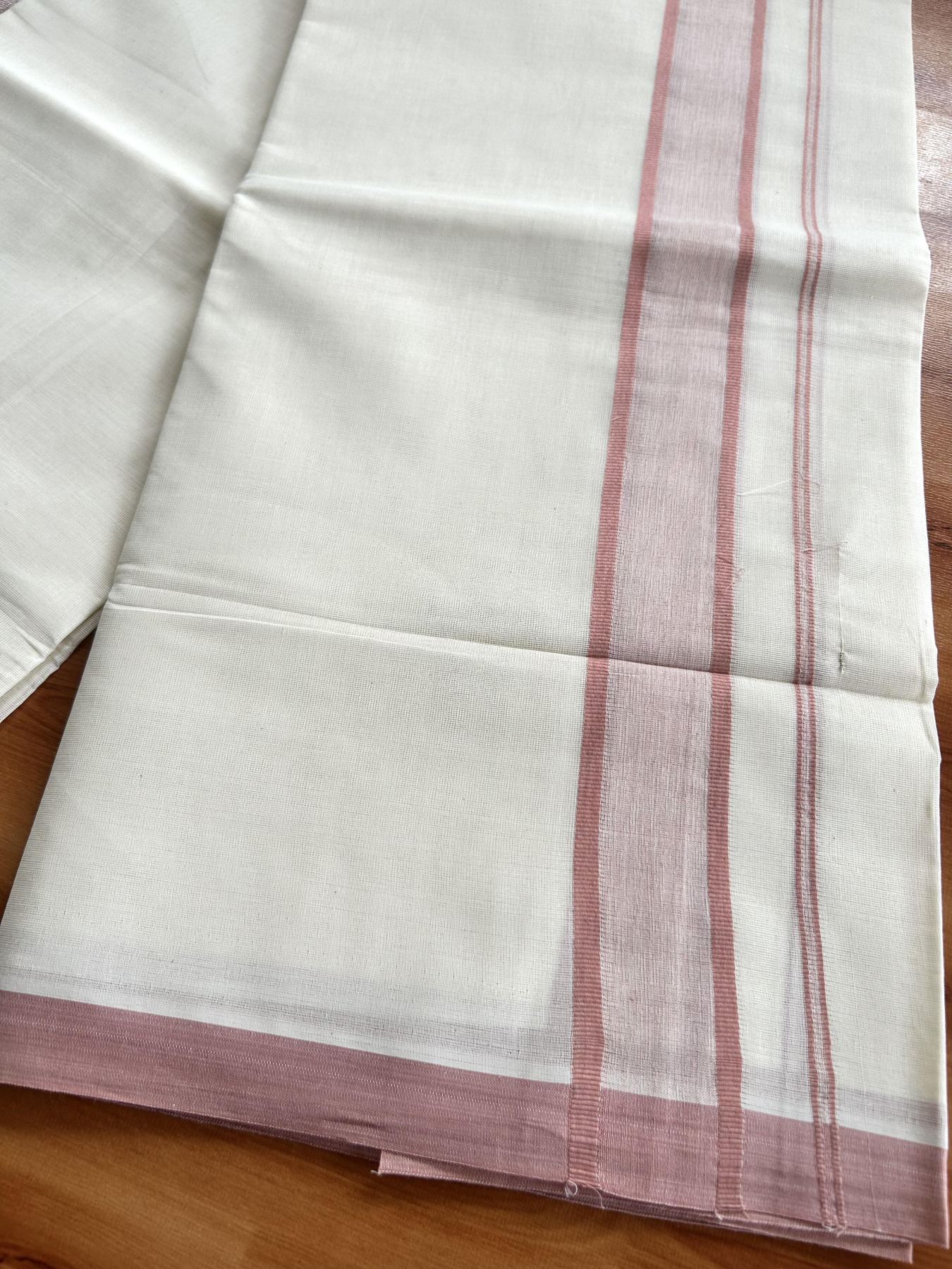 Double Off White Mundu/Dhoti- 20% Discount! KaithariKada Pure Cotton - 60s - 1.75 inch Dusty Pink Shaded Kara 4 mtr (8.5 muzham) - 93 KK5460 PMC