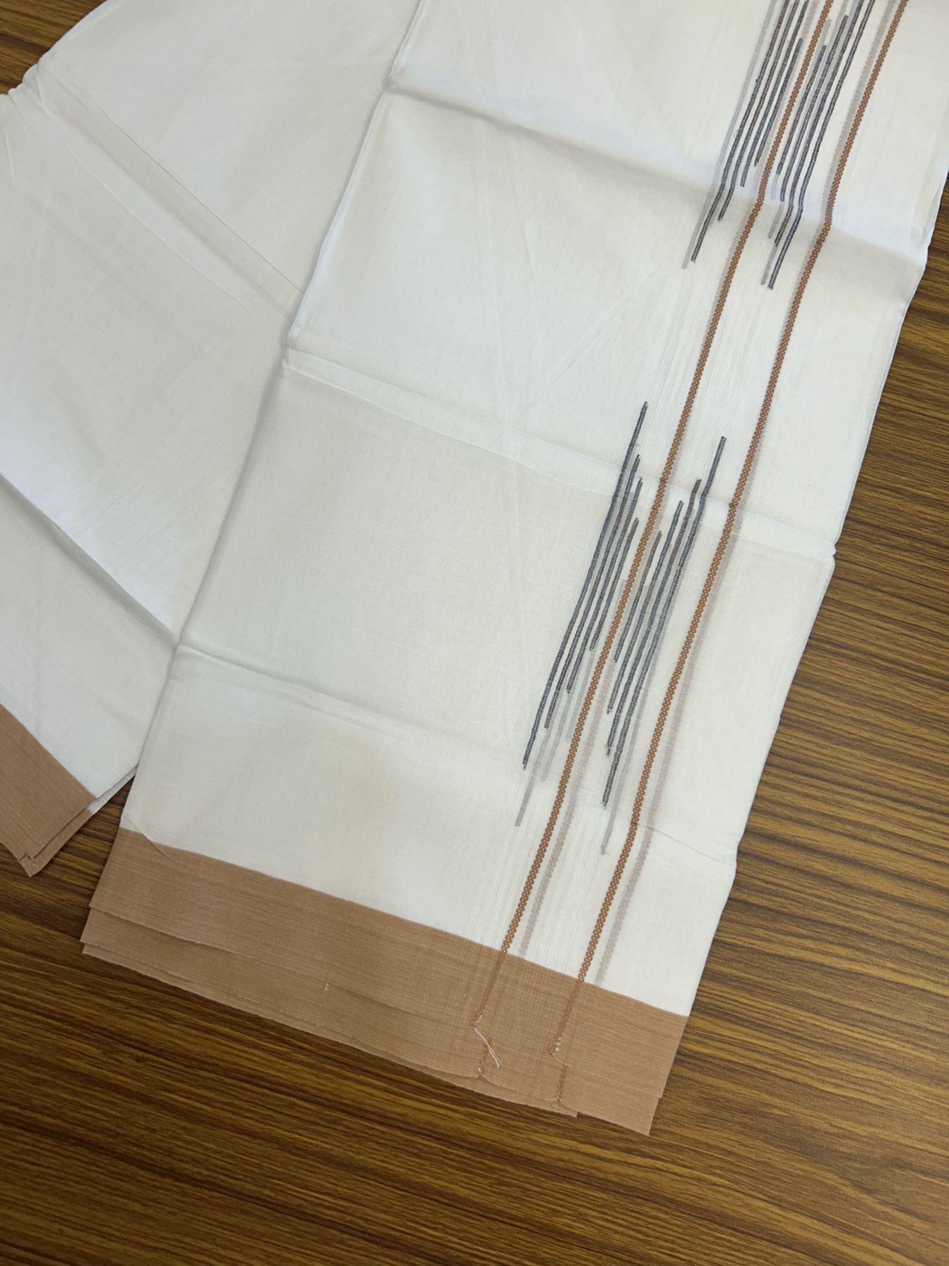 20% Discount ! Kaitharikada Balaramapuram 100% Cotton Pure White Double Mundu/Dothi - 100x80 - 1.5 inch Light Brownish Orange & Multi Colour Stripes Design Kara 3.80 mtr (8 muzham) - 26 KK5319 THI