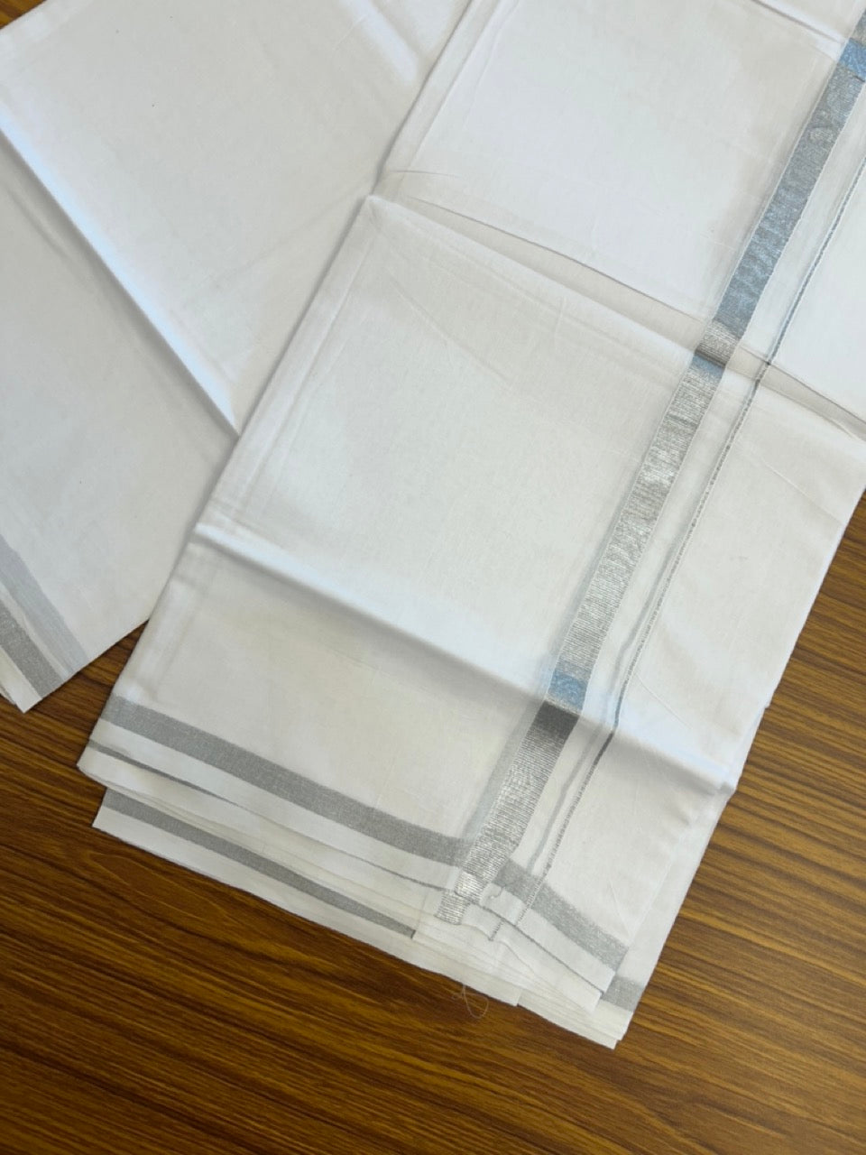 6% Discount!! KaithariKada Balaramapuram 100% Cotton Single Pure White Mundu/Dhoti - 100X80 - 0.5 inch Silver Kasav kara 1.90 mtr (4 muzham) - 36 KK5282 PMC