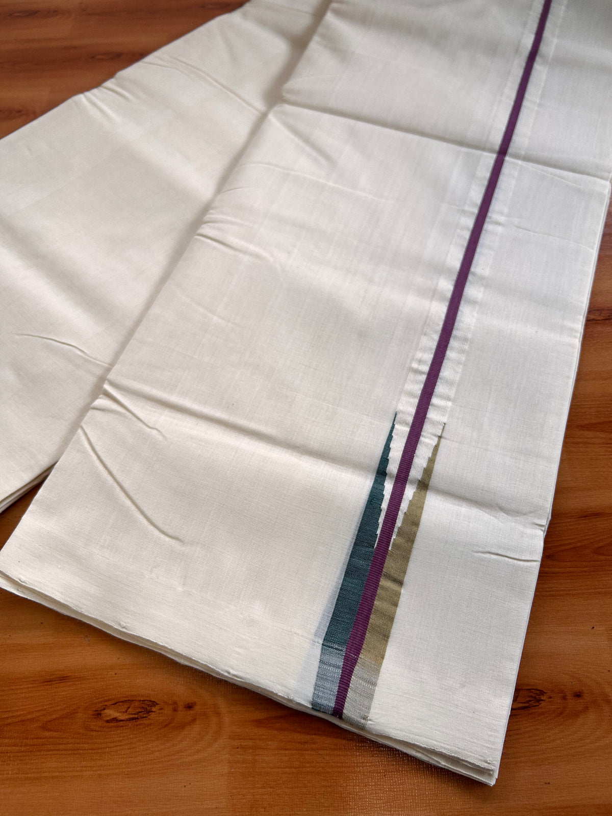 Off White (Unbleached) Double Mundu/Dhoti - 25% Discount!! Unakkupaav Kerala Handloom 100% Pure Cotton - 100X80 - 1 inch Puliyilakkara Dark Green , Mustard & Plum Stripes Chutty 4 mtr (8.5 Muzham) - 15 KK5538 REA