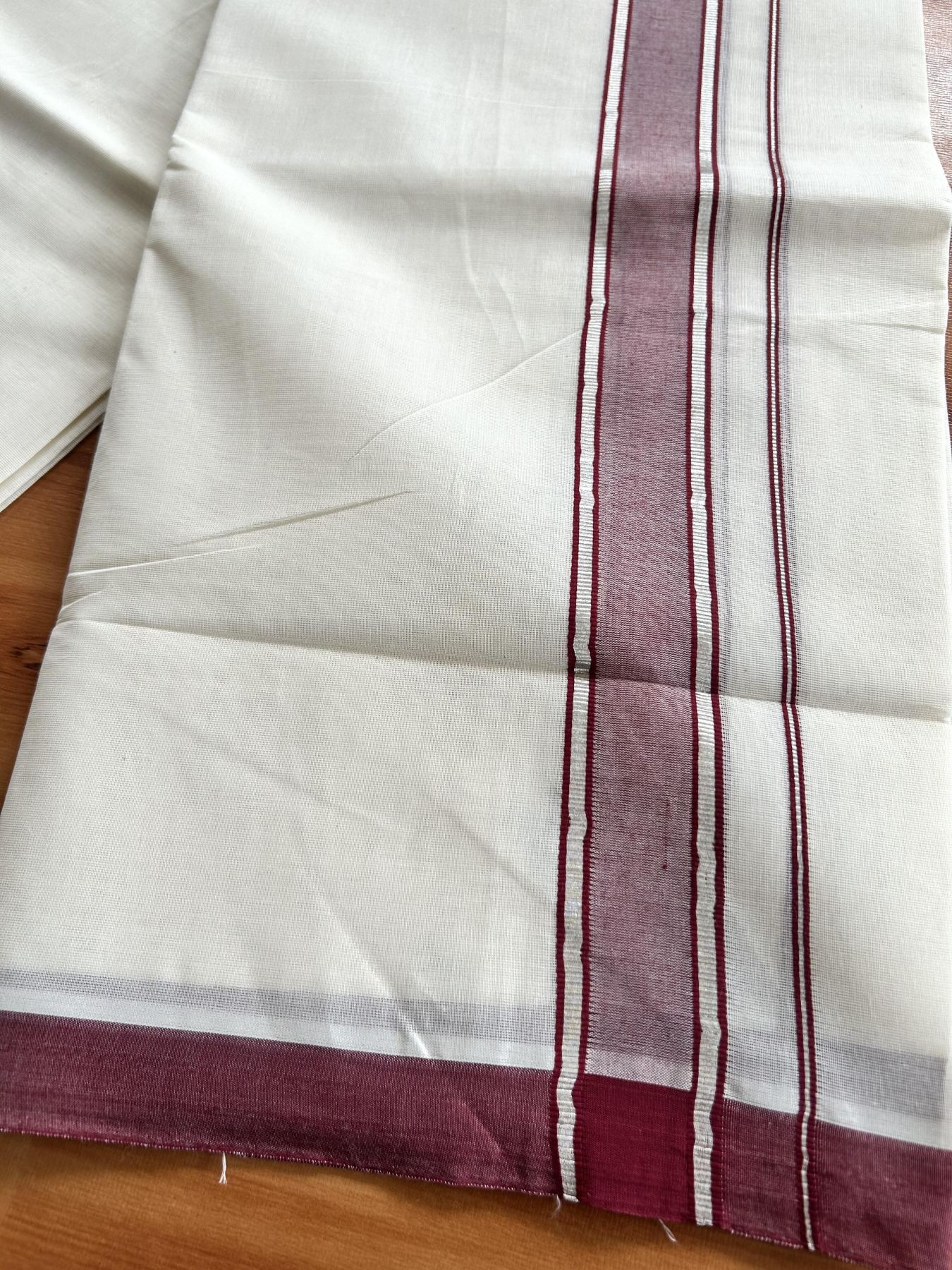 Double Off White (Unbleached) Mundu/Dhoti - 20% Discount! Kaitharikada Pure Cotton - 60s - 1.5 Inch Silver Kasav & Maroon Shaded Kara 4 mtr (8.5 muzham) - 100 KK5460 PMC