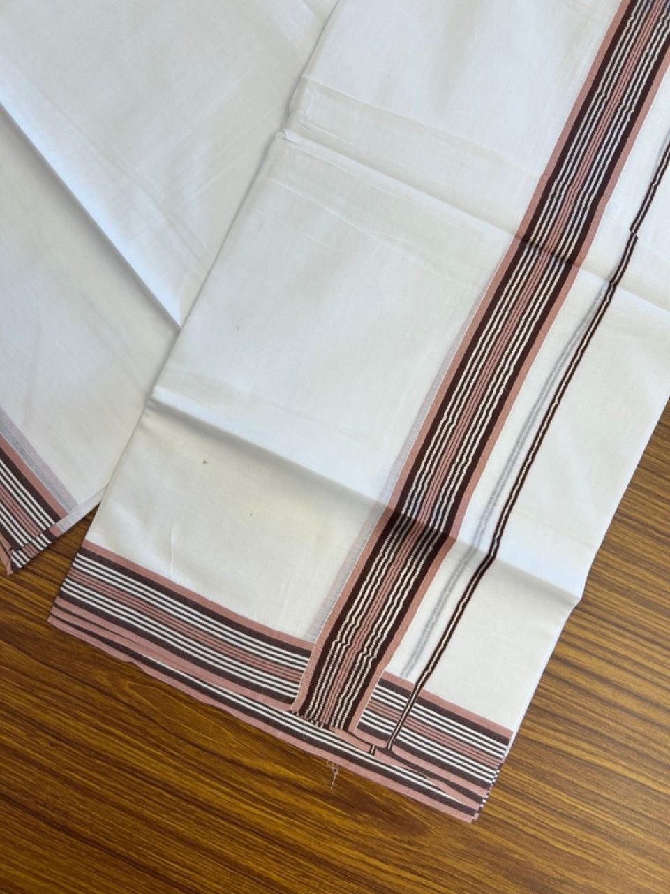 20% Discount ! KaithariKada Balaramapuram Double Pure White Mundu/Dhoti- 100x80 - 1.5 inch Silver Kasavu Dark Brown & Dusty Rose striped kara 3.90 Mtr (8 Muzham) - 13 KK5282 PMC
