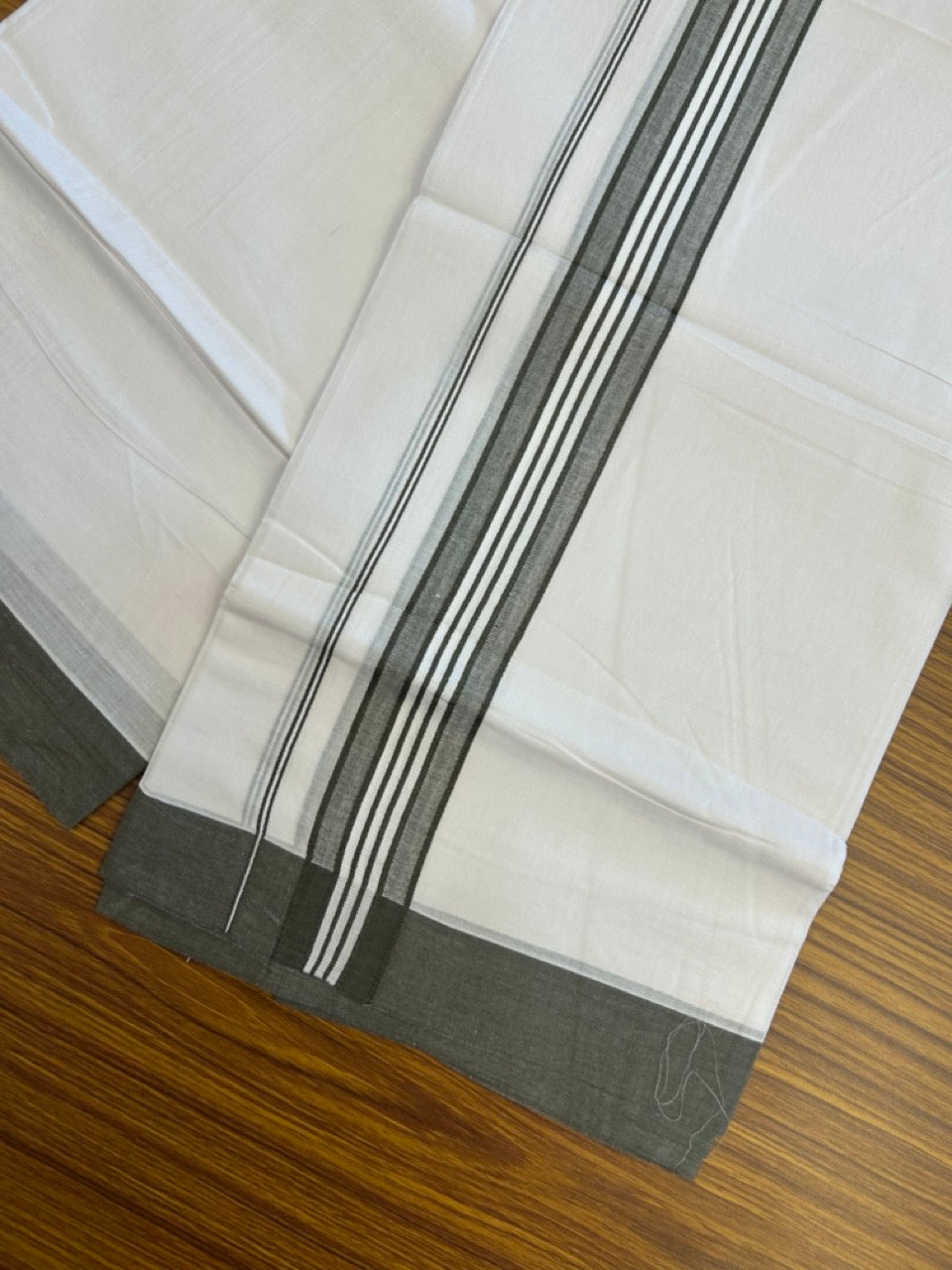 20% Discount ! KaithariKada Balaramapuram 100% Cotton Double Pure white Mundu/Dhoti- 100x80 - 1.75 inch Dark Sage Green shaded striped Kara - 3.90mtr ( 8 muzham) - 38 KK5282 PMC