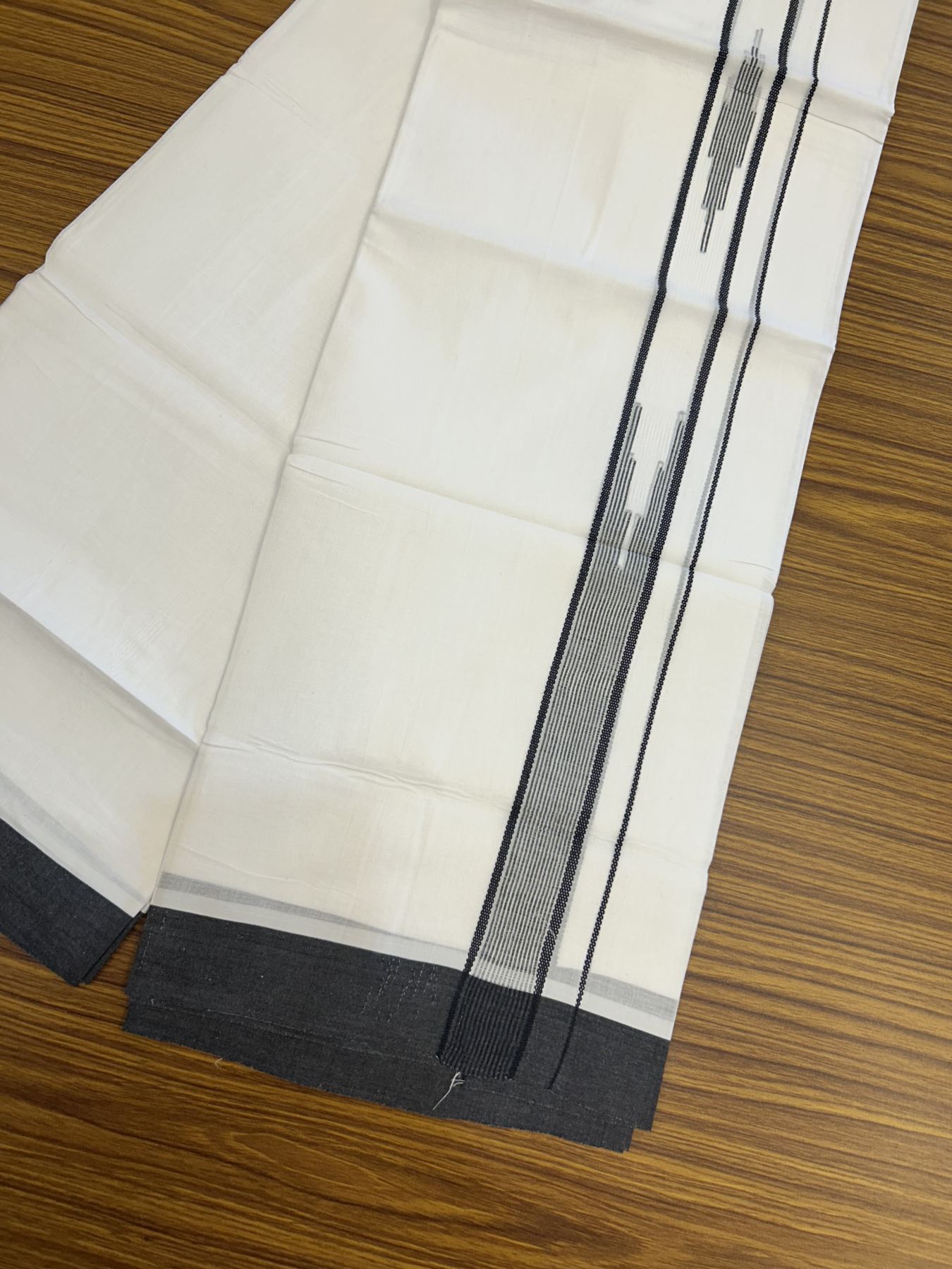 20% Discount ! Kaitharikada Balaramapuram 100% Cotton Pure White Double Mundu/Dothi - 100x80 - 1.5 inch Ash Black Stripes Design Chutty Kara 3.80 mtr (8 muzham) - 42 KK5319 THI