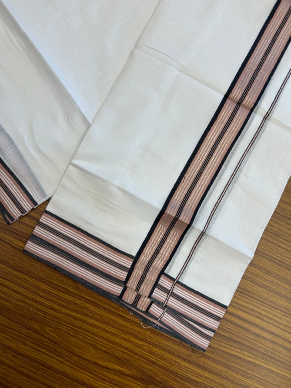 20% Discount ! KaithariKada Balaramapuram Double Pure White Mundu/Dhoti- 100x80 - 1.5 inch Silver Kasavu Black & Dusty Rose striped kara 3.90 Mtr (8 Muzham) - 37 KK5282 PMC