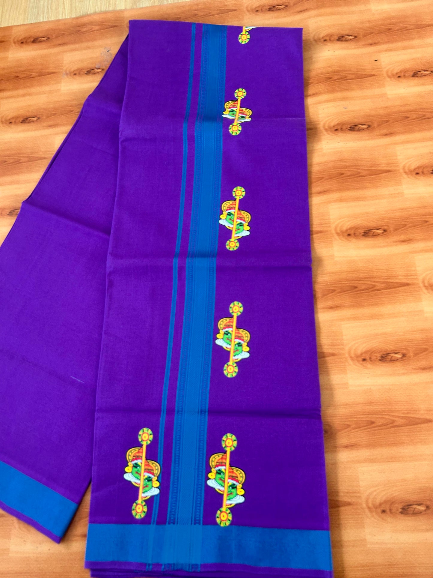 Single Kaily / Lungi- 20% Discount !! Kaitharikada - Pure Cotton - (40s) - 1.5 inch Peacock Blue Striped Kadhakali Printed Design Kara with Deep Violet colour Body (2 meter / 4 muzham) - 1 KK8063 GAN