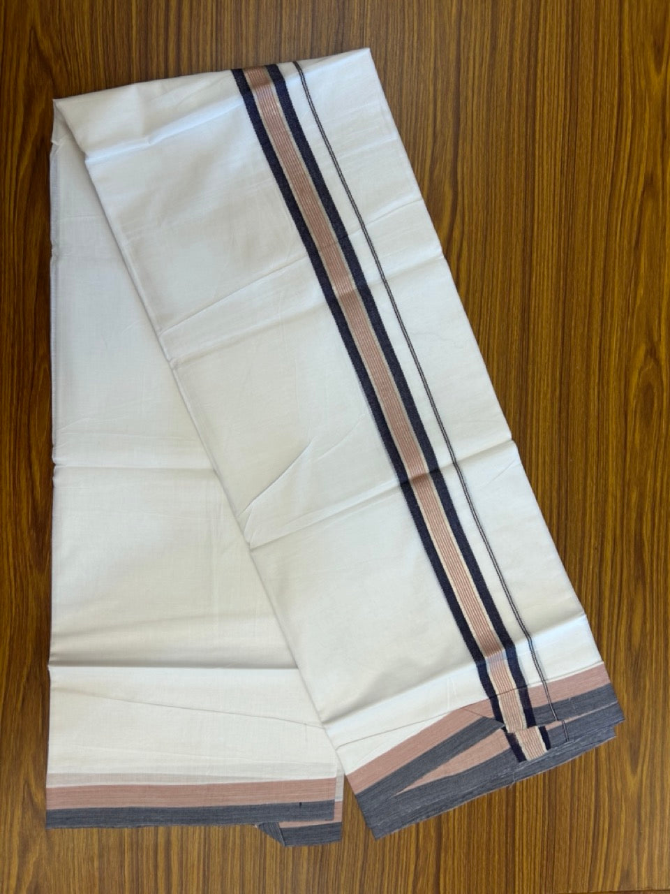 20% Discount ! KaithariKada Balaramapuram Double Pure White Mundu/Dhoti- 100x80 - 1.5 inch Silver Kasavu Navy Blue & Dusty Rose striped kara 3.90 Mtr (8 Muzham) - 9 KK5282 PMC