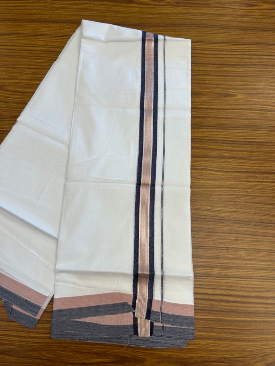 20% Discount ! KaithariKada Balaramapuram Double Pure White Mundu/Dhoti- 100x80 - 1.5 inch Silver Kasavu Navy Blue & Dusty Rose striped kara 3.90 Mtr (8 Muzham) - 9 KK5282 PMC