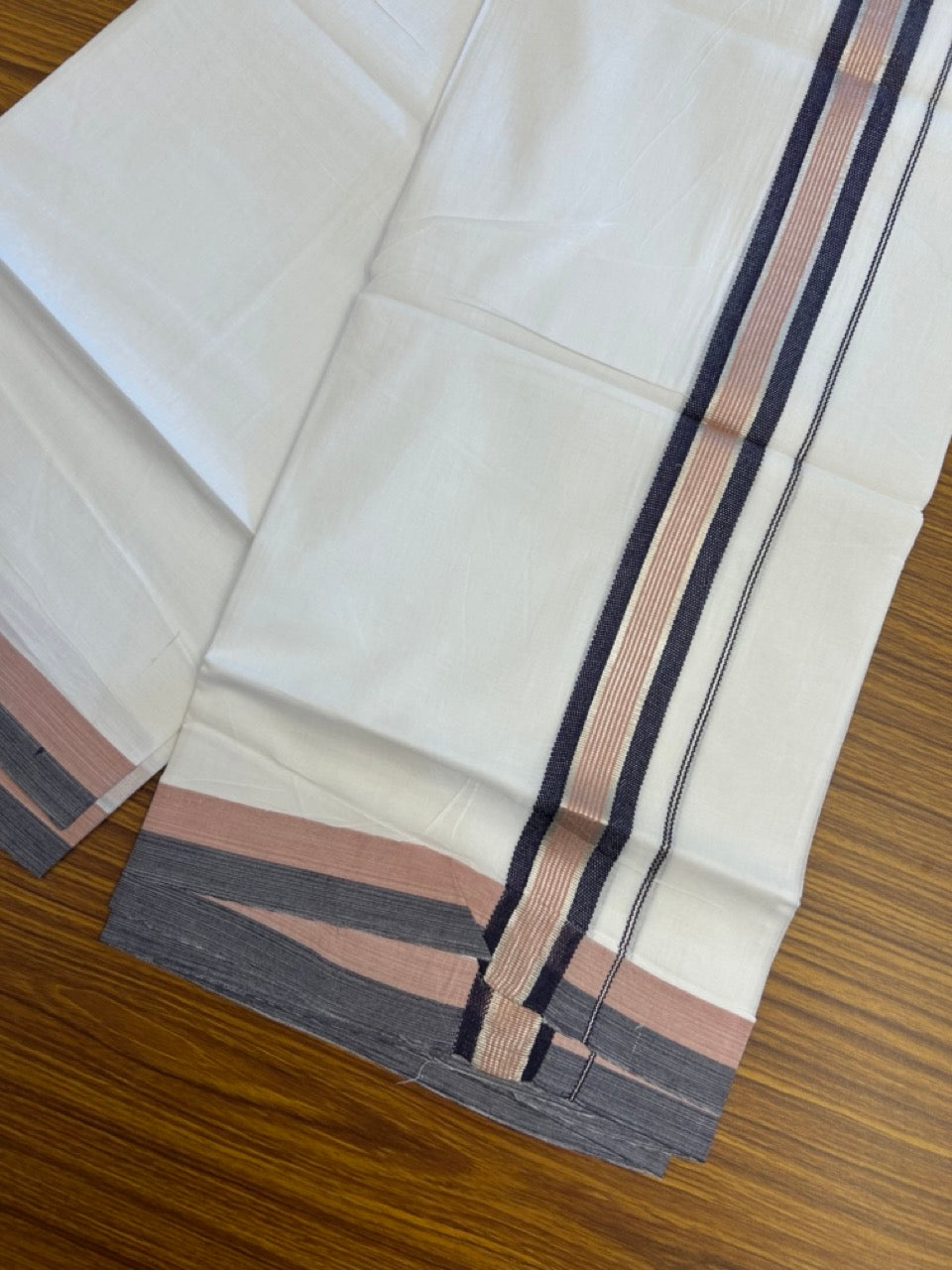 20% Discount ! KaithariKada Balaramapuram Double Pure White Mundu/Dhoti- 100x80 - 1.5 inch Silver Kasavu Navy Blue & Dusty Rose striped kara 3.90 Mtr (8 Muzham) - 9 KK5282 PMC