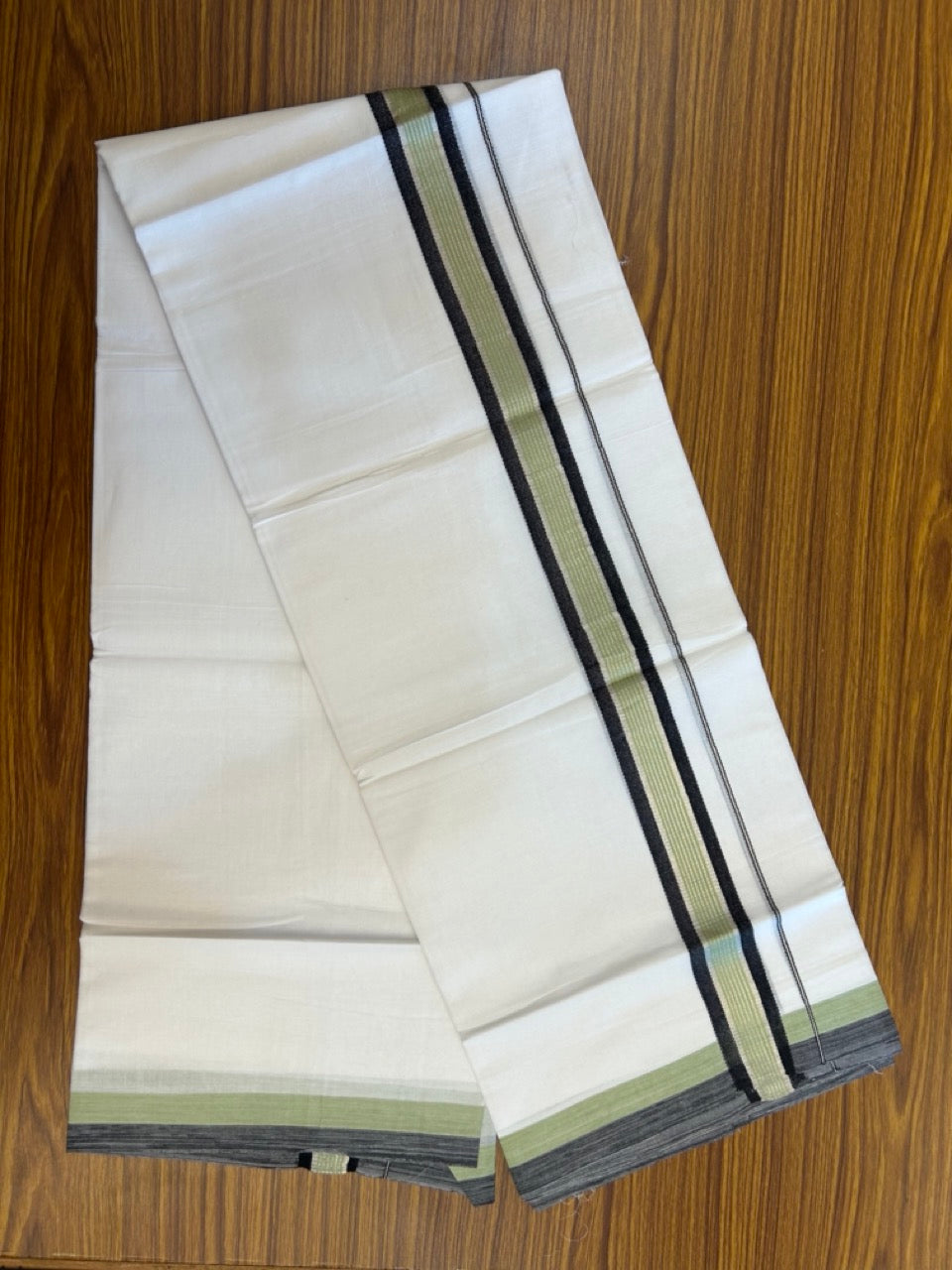 20% Discount ! KaithariKada Balaramapuram Double Pure White Mundu/Dhoti- 100x80 - 1.5 inch Silver Kasavu Black & Pista Green striped kara 3.90 Mtr (8 Muzham) - 10 KK5282 PMC