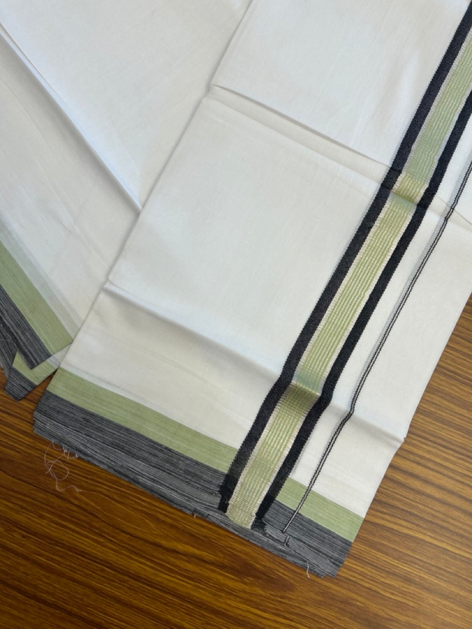 20% Discount ! KaithariKada Balaramapuram Double Pure White Mundu/Dhoti- 100x80 - 1.5 inch Silver Kasavu Black & Pista Green striped kara 3.90 Mtr (8 Muzham) - 10 KK5282 PMC