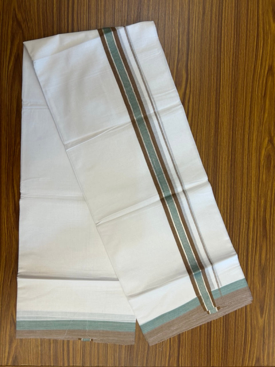 20% Discount ! KaithariKada Balaramapuram Double Pure White Mundu/Dhoti- 100x80 - 1.5 inch Silver Kasavu Brown & Pastel Teal striped kara 3.90 Mtr (8 Muzham) - 12 KK5282 PMC