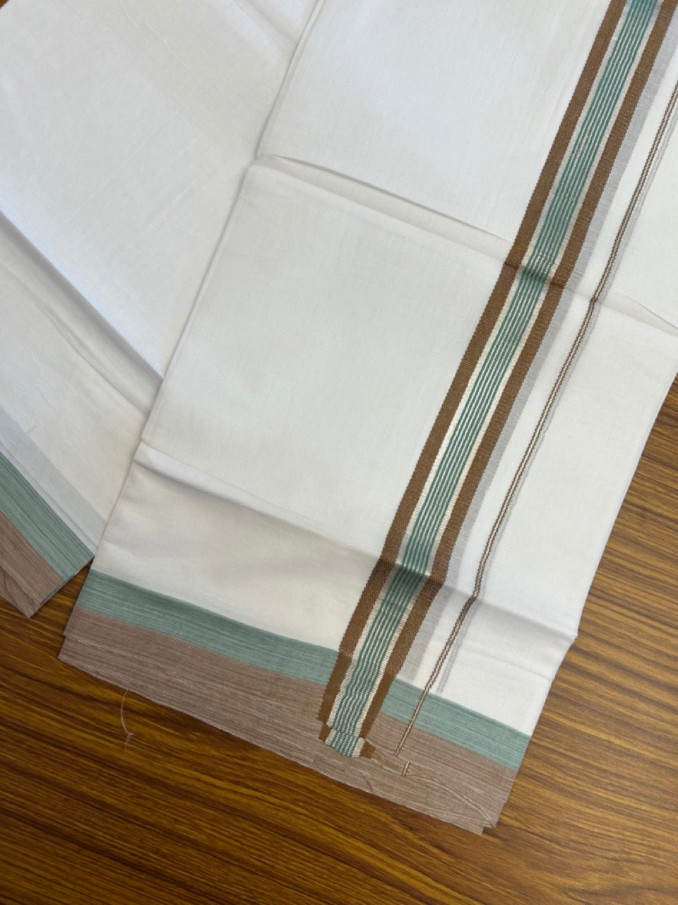 20% Discount ! KaithariKada Balaramapuram Double Pure White Mundu/Dhoti- 100x80 - 1.5 inch Silver Kasavu Brown & Pastel Teal striped kara 3.90 Mtr (8 Muzham) - 12 KK5282 PMC