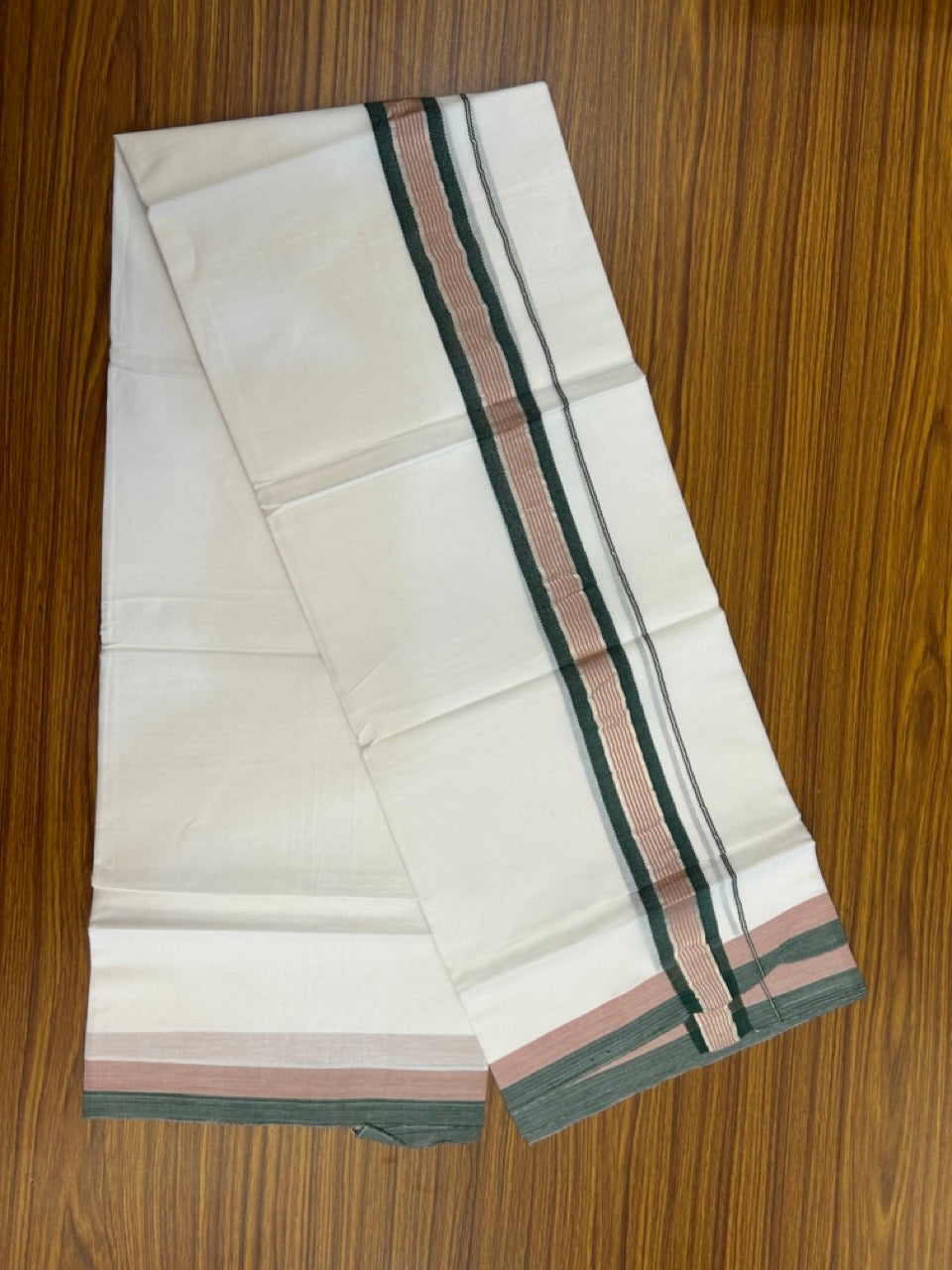 20% Discount ! KaithariKada Balaramapuram Double Pure White Mundu/Dhoti- 100x80 - 1.5 inch Silver Kasavu Green & Dusty Rose striped kara 3.90 Mtr (8 Muzham) - 11 KK5282 PMC