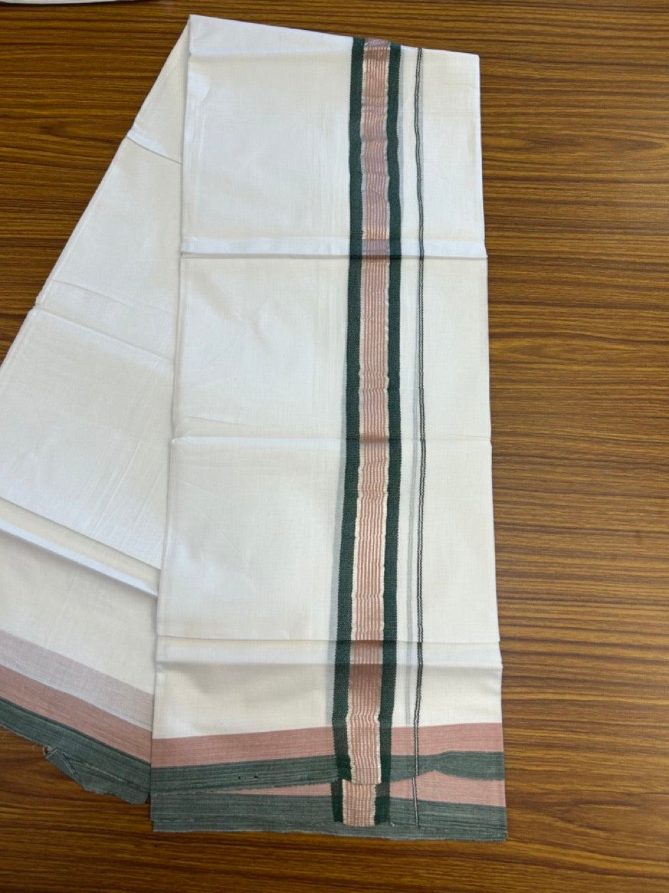 20% Discount ! KaithariKada Balaramapuram Double Pure White Mundu/Dhoti- 100x80 - 1.5 inch Silver Kasavu Green & Dusty Rose striped kara 3.90 Mtr (8 Muzham) - 11 KK5282 PMC