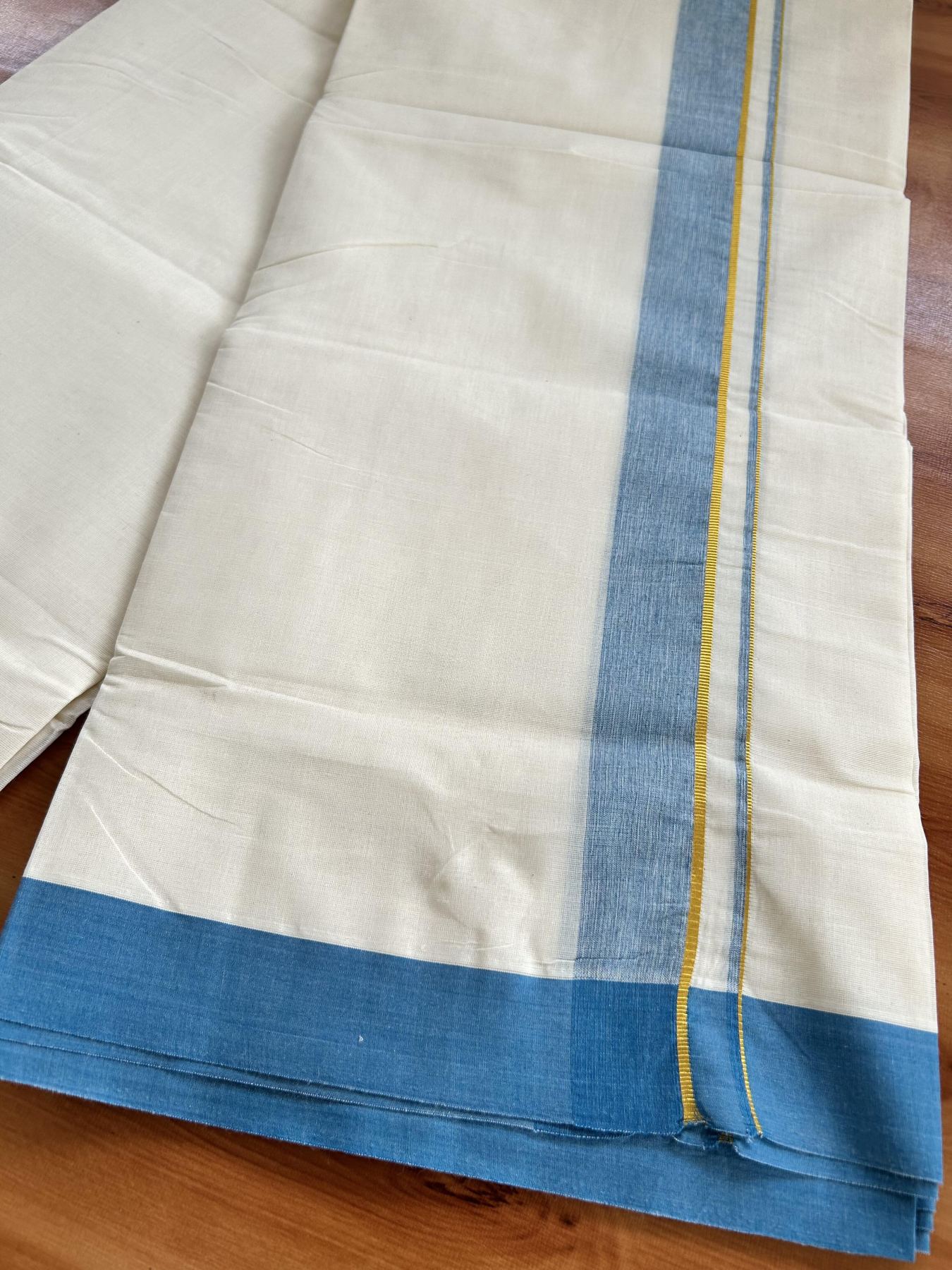 Double Off White (Unbleached) Mundu/Dhoti - 20% Discount! Kaitharikada Pure Cotton - 80x80 - 1.25 Inch Gold Kasav & Teal Blue Shaded Kara 4 mtr (8.5 muzham) - 11 KK5465 MRH
