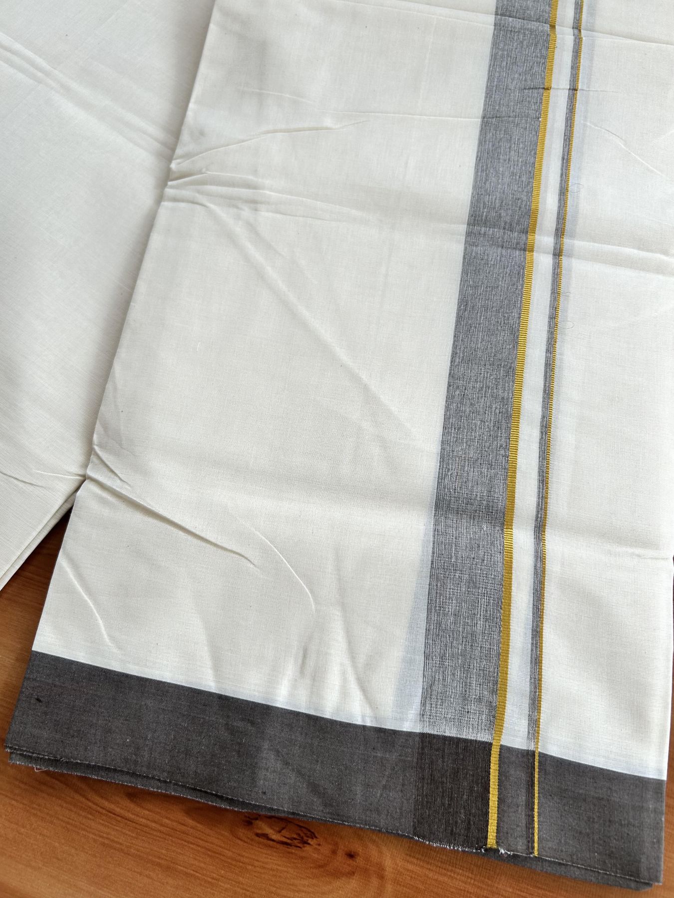Double Off White (Unbleached) Mundu/Dhoti - 20% Discount! Kaitharikada Pure Cotton - 80x80 - 1.25 Inch Gold Kasav & Brown Shaded Kara 4 mtr (8.5 muzham) - 14 KK5465 MRH