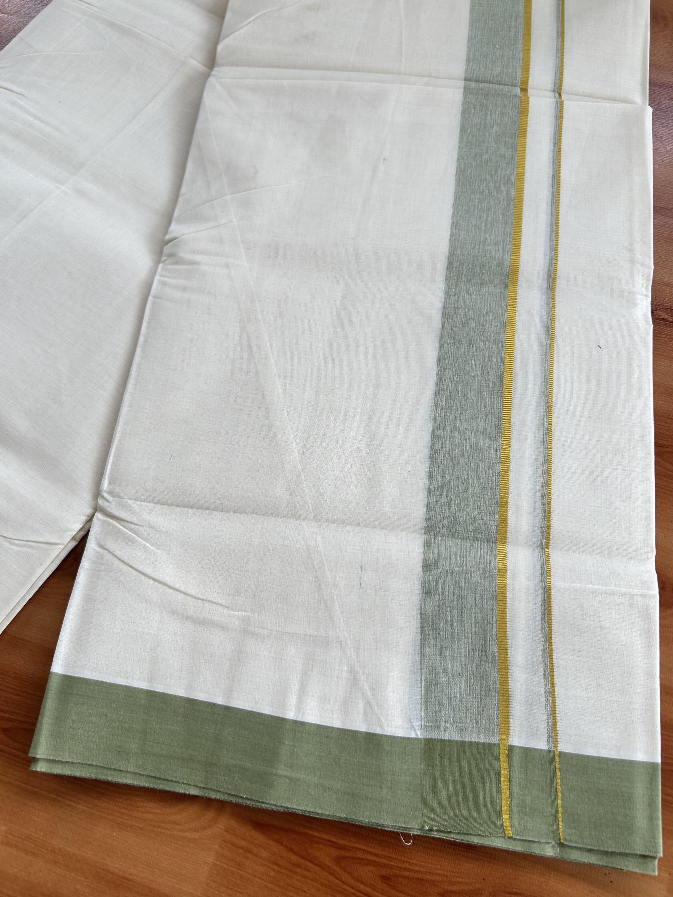 Double Off White (Unbleached) Mundu/Dhoti - 20% Discount! Kaitharikada Pure Cotton - 80x80 - 1.25 Inch Gold Kasav & Sage Green Shaded Kara 4 mtr (8.5 muzham) - 4 KK5465 MRH