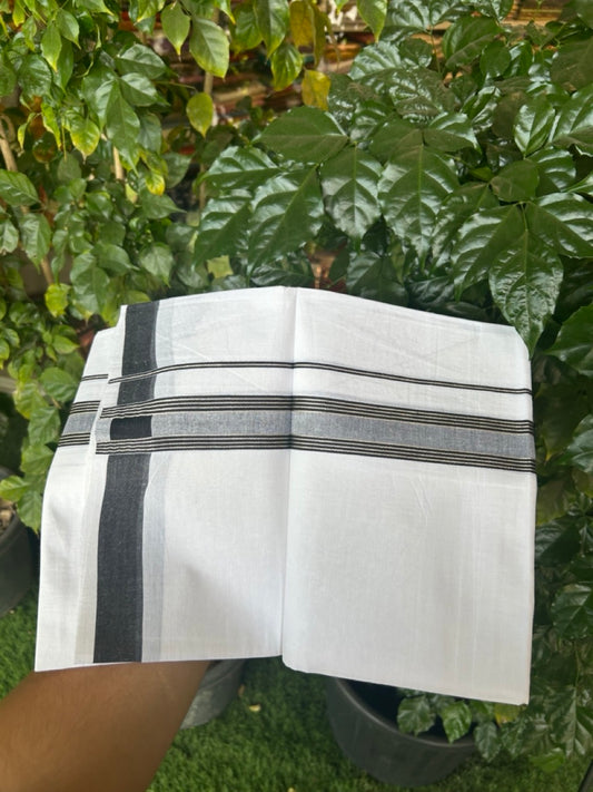 13% Discount!! KaithariKada Balaramapuram 100% Cotton Single Pure White Mundu/Dhoti - 30X60 - 1.25 inch Silver Kasav Black Stripes kara 1.90 mtr (4 muzham) - 28 KK5282 PMC