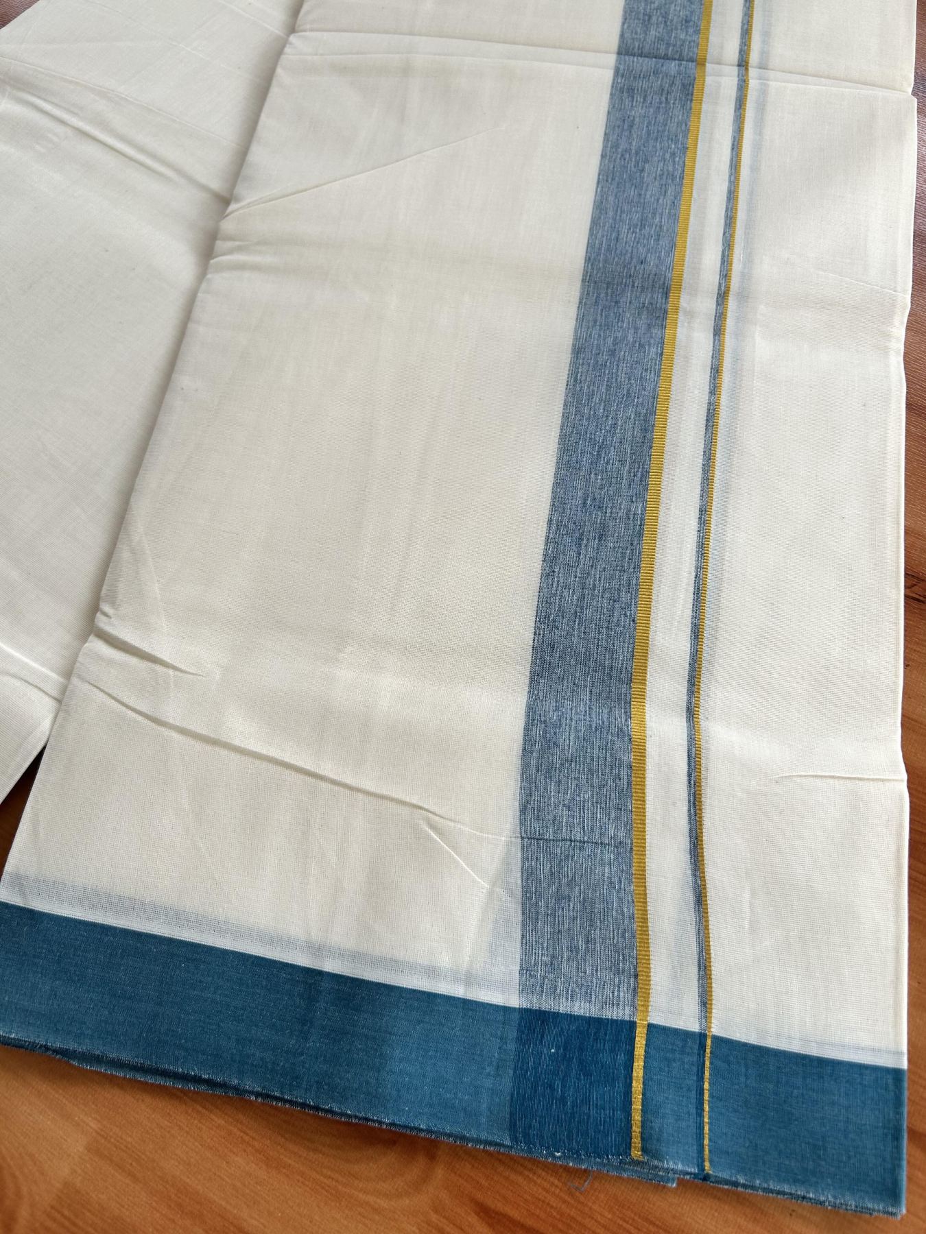 Double Off White (Unbleached) Mundu/Dhoti - 20% Discount! Kaitharikada Pure Cotton - 80x80 - 1.25 Inch Gold Kasav & Peacock Green Shaded Kara 4 mtr (8.5 muzham) - 12 KK5465 MRH