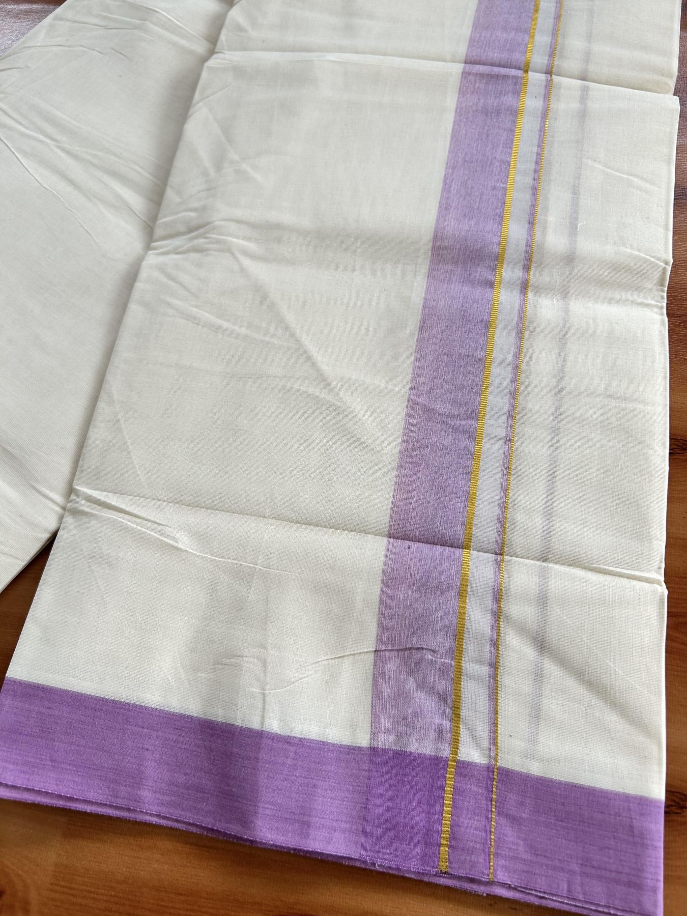 Double Off White (Unbleached) Mundu/Dhoti - 20% Discount! Kaitharikada Pure Cotton - 80x80 - 1.25 Inch Gold Kasav & Pinkish Voilet Shaded Kara 4 mtr (8.5 muzham) - 6 KK5465 MRH