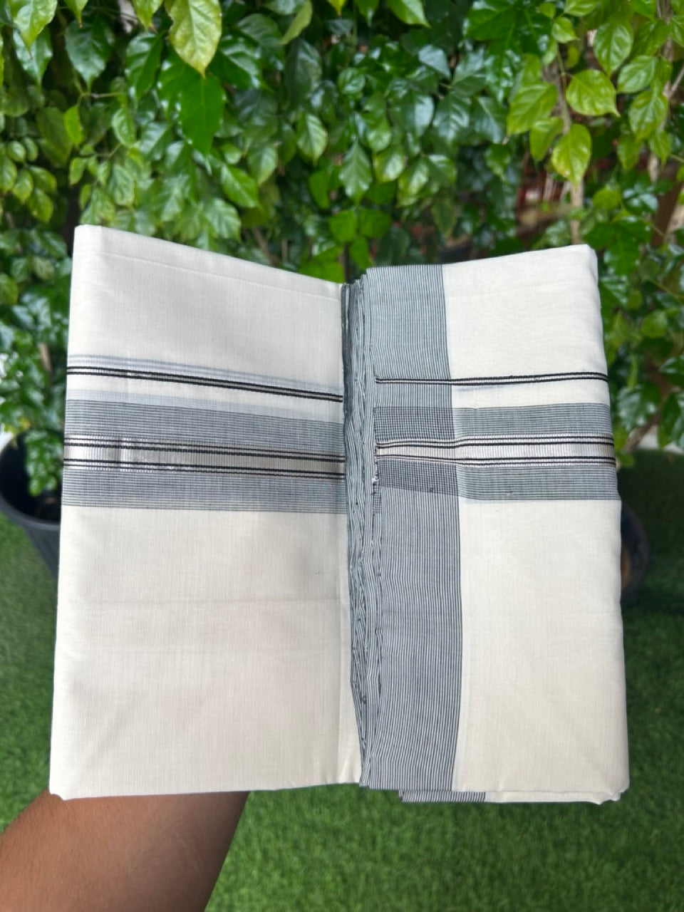 25% DISCOUNT!! KaithariKada HANDLOOM UNAKKUPAAV Balaramapuram - 100% PURE Cotton OFF White Double - (Unbleached)- Mundu/Dothi - 80X100 - 1.75 inch Black & Silver Kasavu Striped Kara - 11KK5209 REA