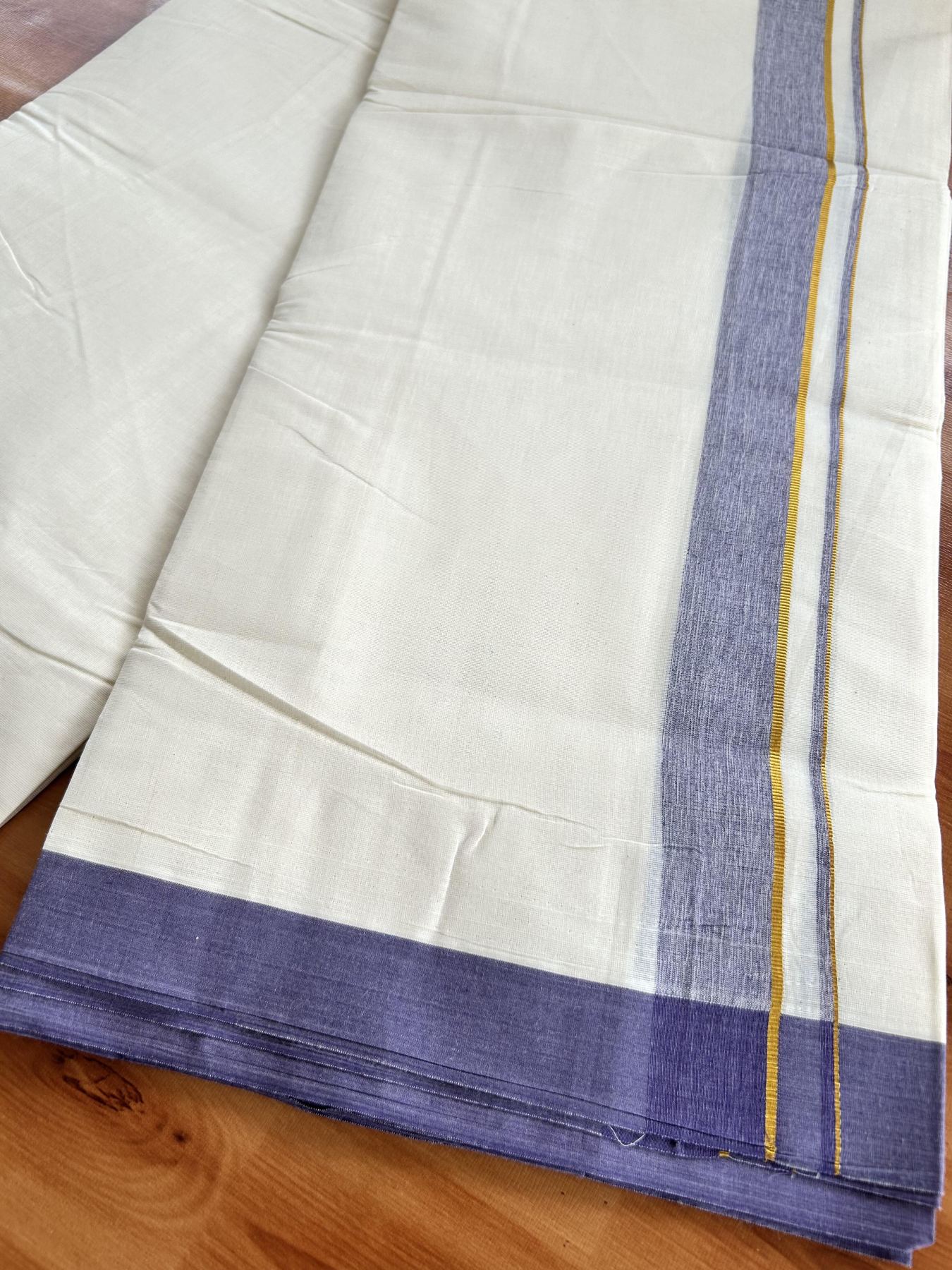 Double Off White (Unbleached) Mundu/Dhoti - 20% Discount! Kaitharikada Pure Cotton - 80x80 - 1.25 Inch Gold Kasav & Voilet Shaded Kara 4 mtr (8.5 muzham) - 7 KK5465 MRH
