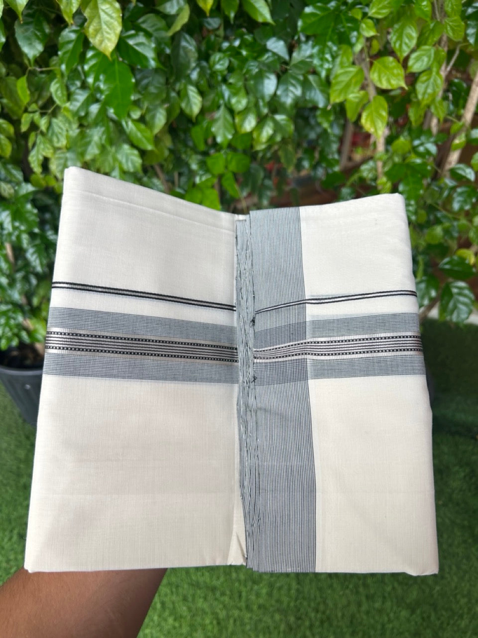 25% DISCOUNT!! KaithariKada HANDLOOM UNAKKUPAAV Balaramapuram - 100% PURE Cotton OFF White Double - (Unbleached)- Mundu/Dothi - 80X100 - 1.25 inch Black & Silver Kasavu Striped Kara - 10KK5209 REA