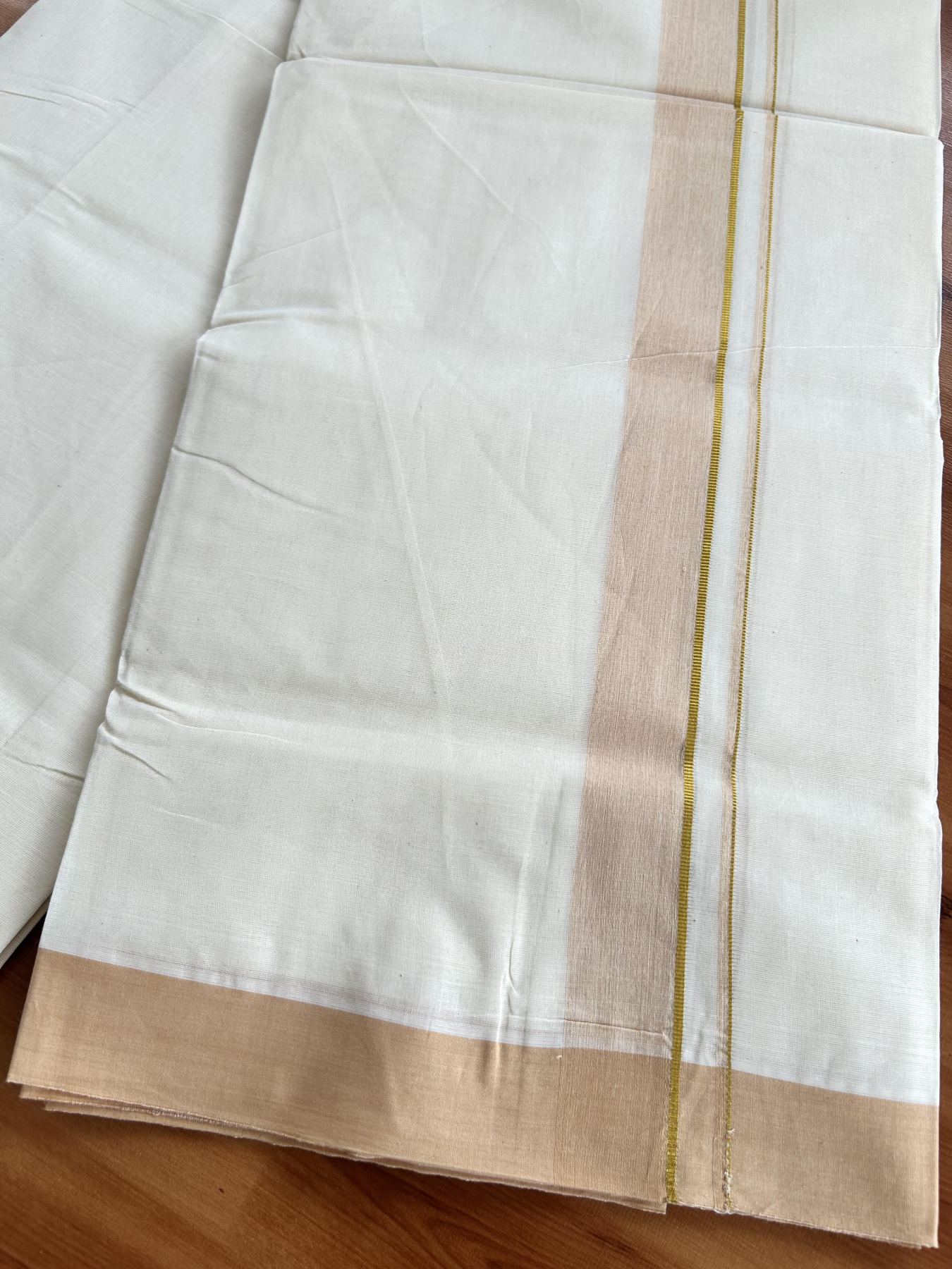 Double Off White (Unbleached) Mundu/Dhoti - 20% Discount! Kaitharikada Pure Cotton - 80x80 - 1.25 Inch Gold Kasav & Peach Shaded Kara 4 mtr (8.5 muzham) - 2 KK5465 MRH