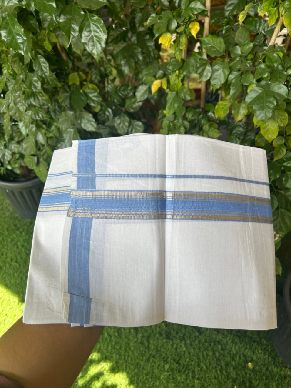 KaithariKada Balaramapuram 100% Cotton Single Pure White Mundu/Dhoti - 100X80 - 1.5 inch Silver Kasav Ocean Blue Stripes kara 1.90 mtr (4 muzham) - 14 KK5282 PMC