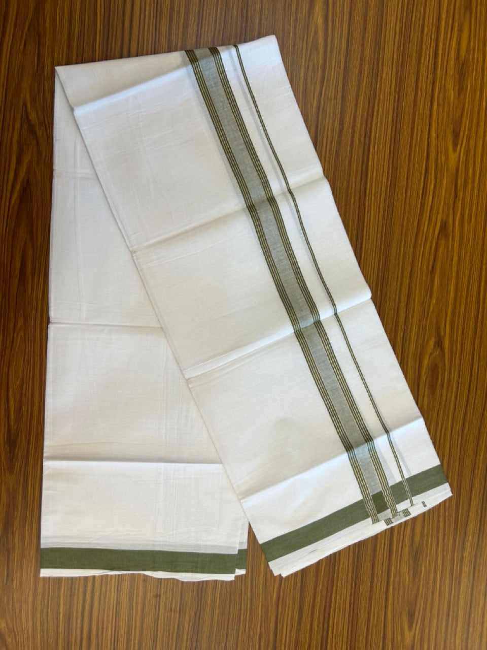 13% Discount!! KaithariKada Balaramapuram 100% Cotton Single Pure White Mundu/Dhoti - 100X80 - 1.25 inch Silver Kasav Olive Green Stripes kara 1.90 mtr (4 muzham) - 29 KK5282 PMC