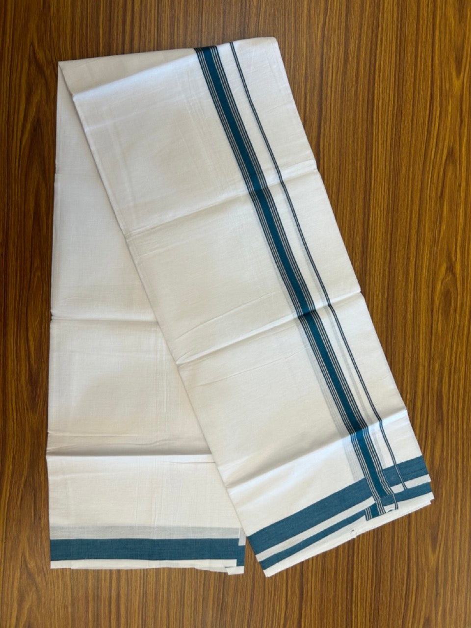 16% Discount!! KaithariKada Balaramapuram 100% Cotton Single Pure White Mundu/Dhoti - 100X80 - 1 inch Silver Kasav Peacock Blue Stripes kara 1.90 mtr (4 muzham) - 30 KK5282 PMC