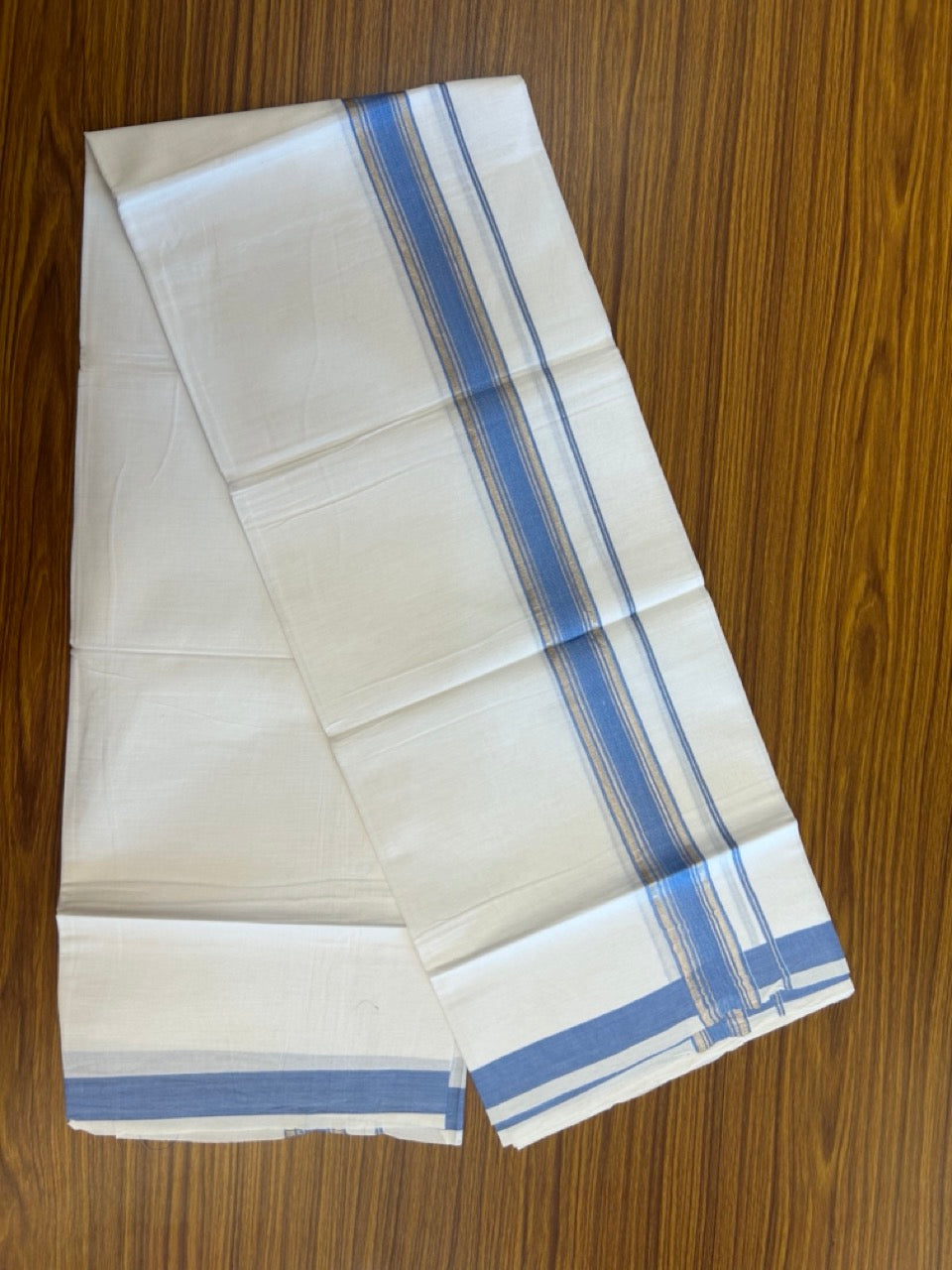 KaithariKada Balaramapuram 100% Cotton Single Pure White Mundu/Dhoti - 100X80 - 1.5 inch Silver Kasav Ocean Blue Stripes kara 1.90 mtr (4 muzham) - 14 KK5282 PMC
