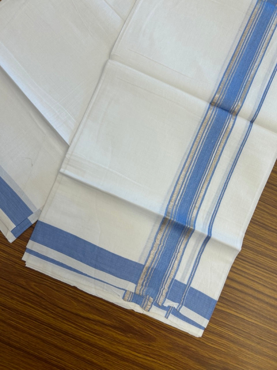 KaithariKada Balaramapuram 100% Cotton Single Pure White Mundu/Dhoti - 100X80 - 1.5 inch Silver Kasav Ocean Blue Stripes kara 1.90 mtr (4 muzham) - 14 KK5282 PMC