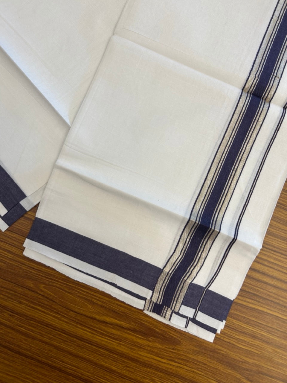 18% Discount!! KaithariKada Balaramapuram 100% Cotton Single Pure White Mundu/Dhoti - 100X80 - 1.25 inch Silver Kasav Indigo Blue Stripes kara 1.90 mtr (4 muzham) - 18 KK5282 PMC