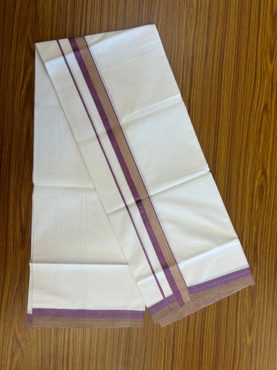 18% Discount!! KaithariKada Balaramapuram 100% Cotton Single Pure White Mundu/Dhoti - 100X80 - 1.25 inch Silver Kasav Purple & Sand Brown Stripes kara 1.90 mtr (4 muzham) - 25 KK5282 PMC