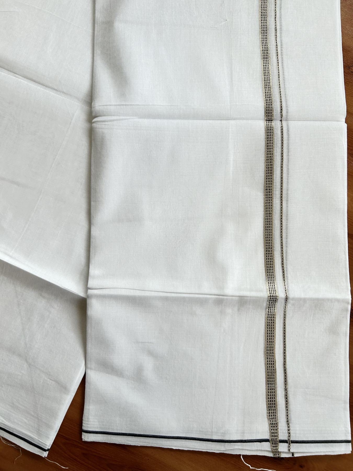 Double Pure White Mundu/Dothi - 20% Discount!! Kaitharikada Balaramapuram Pure Cotton 100x80 - 0.5 cm Silver Kasav & Black Design Kara - 3.90 mtr (8 muzham) - 42 KK5416 GAN