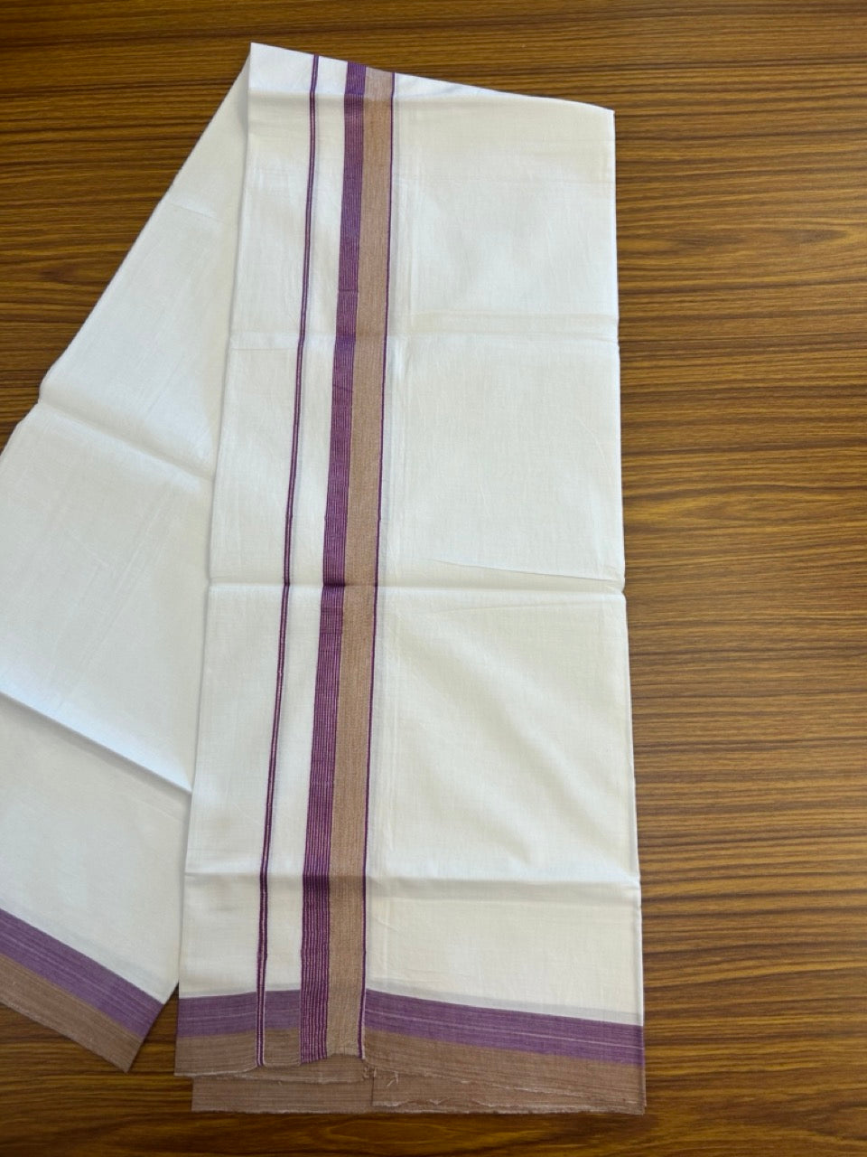 18% Discount!! KaithariKada Balaramapuram 100% Cotton Single Pure White Mundu/Dhoti - 100X80 - 1.25 inch Silver Kasav Purple & Sand Brown Stripes kara 1.90 mtr (4 muzham) - 25 KK5282 PMC