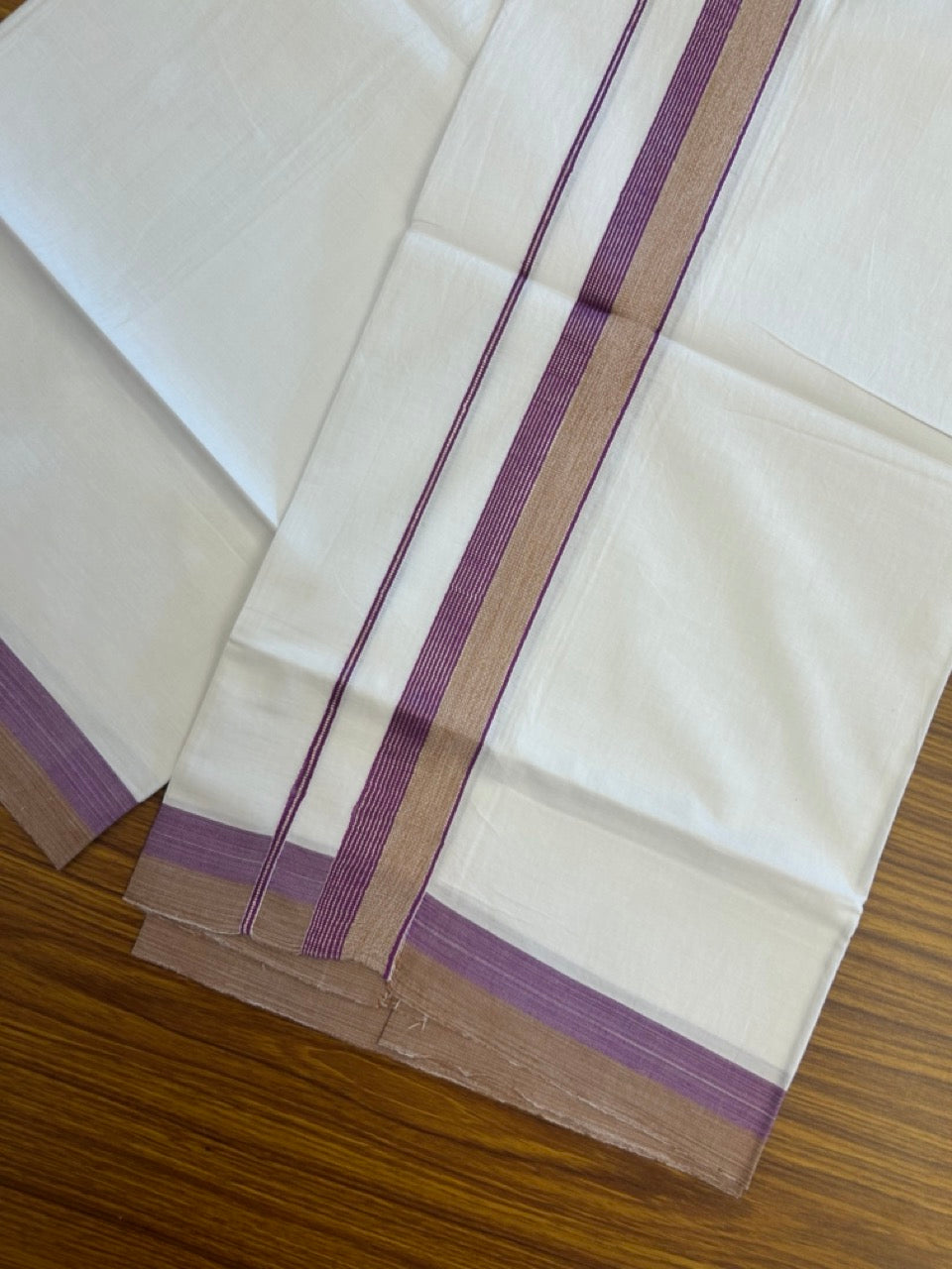 18% Discount!! KaithariKada Balaramapuram 100% Cotton Single Pure White Mundu/Dhoti - 100X80 - 1.25 inch Silver Kasav Purple & Sand Brown Stripes kara 1.90 mtr (4 muzham) - 25 KK5282 PMC