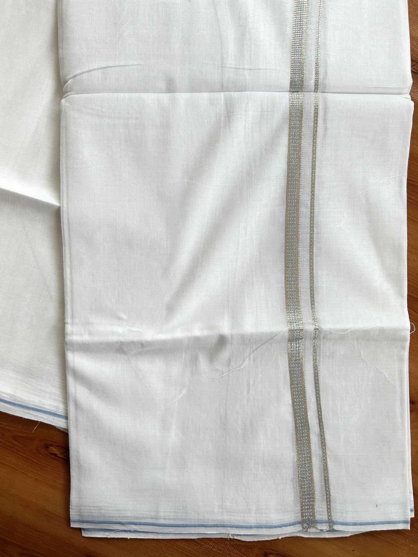 Double Pure White Mundu/Dothi - 20% Discount!! Kaitharikada Balaramapuram Pure Cotton 100x80 - 0.5 cm Silver Kasav & Light Blue Design Kara - 3.90 mtr (8 muzham) - 45 KK5416 GAN